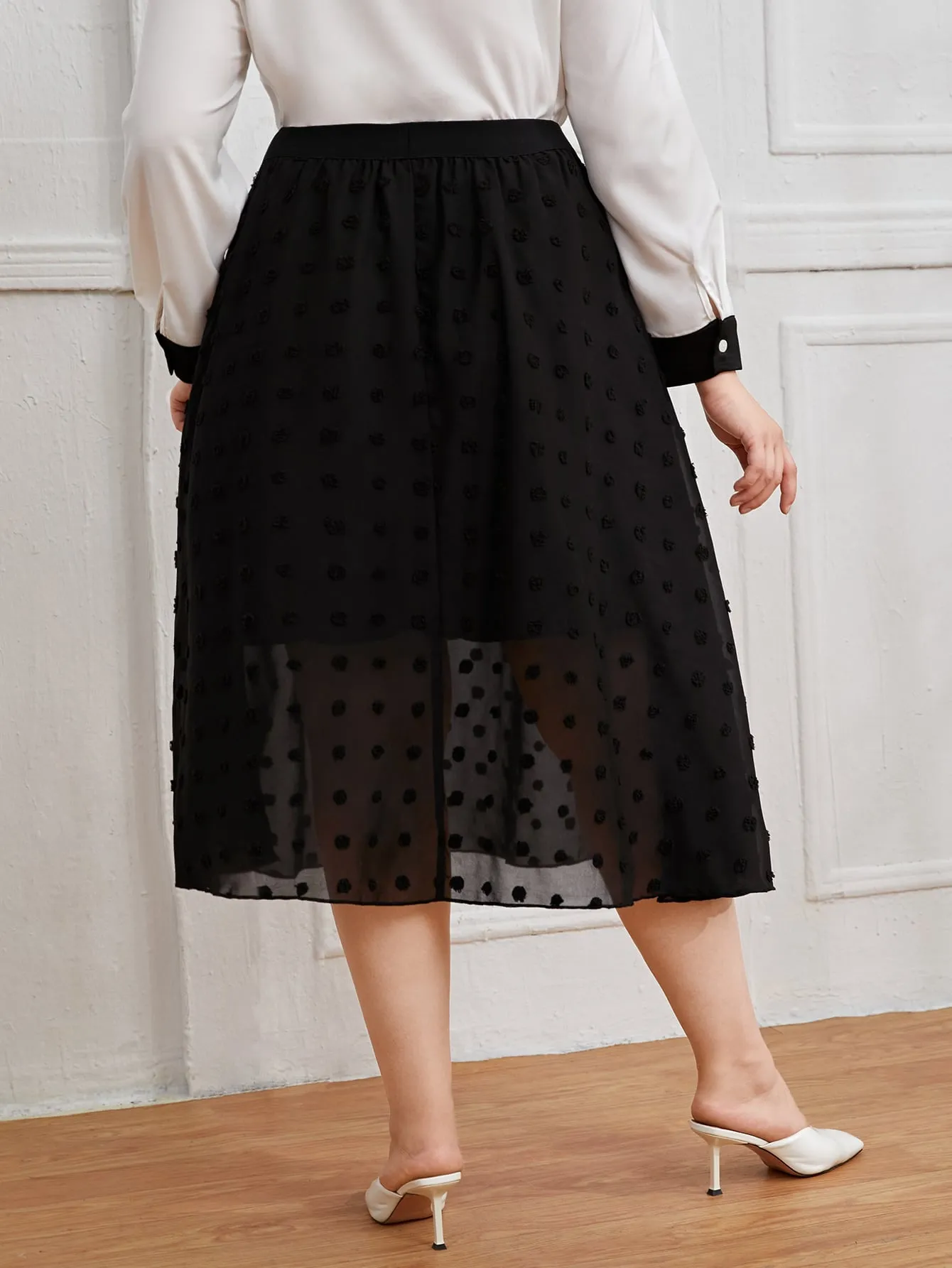 Plain Contrast Mesh Midi Plus Size Skirt