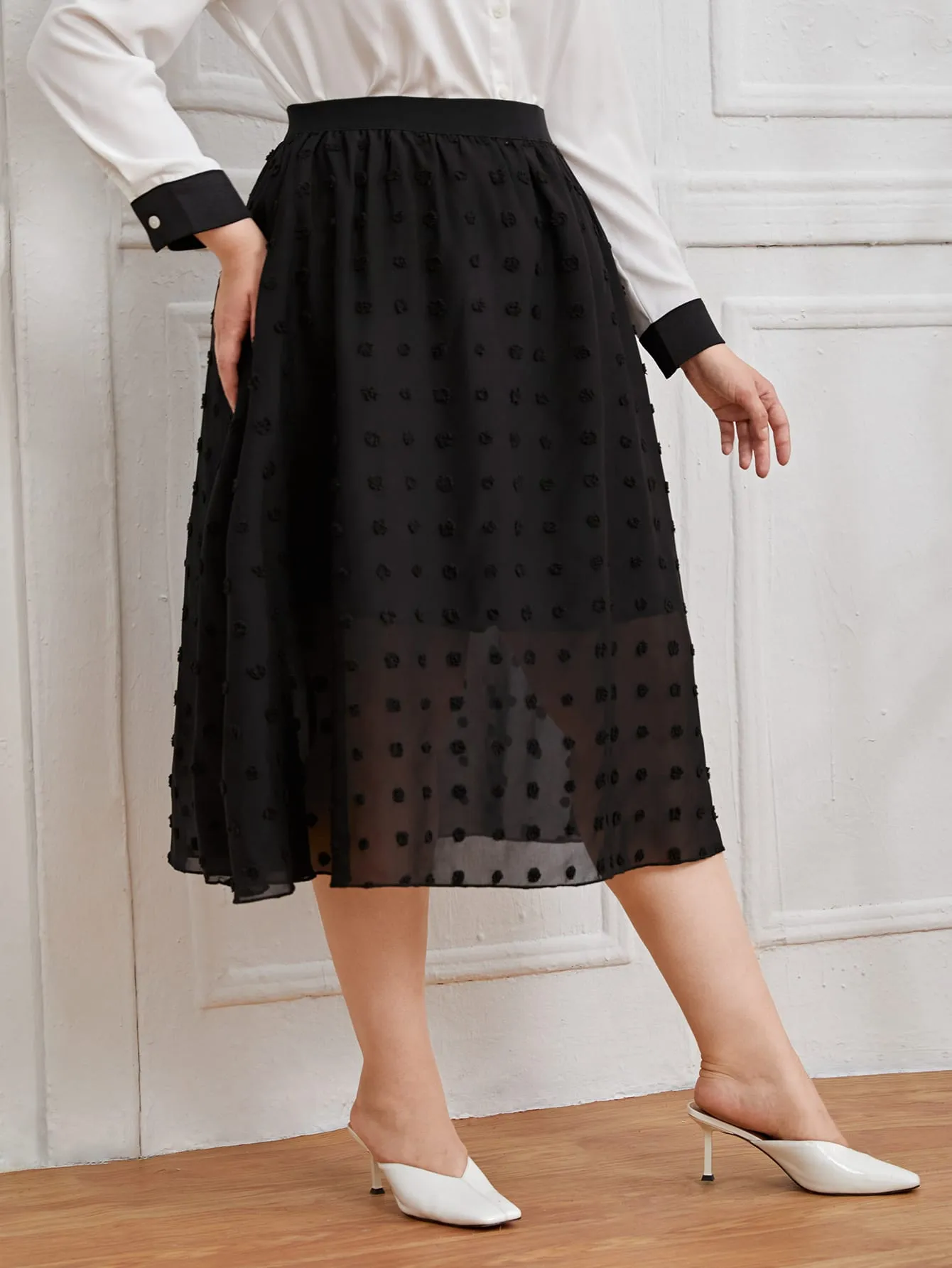 Plain Contrast Mesh Midi Plus Size Skirt
