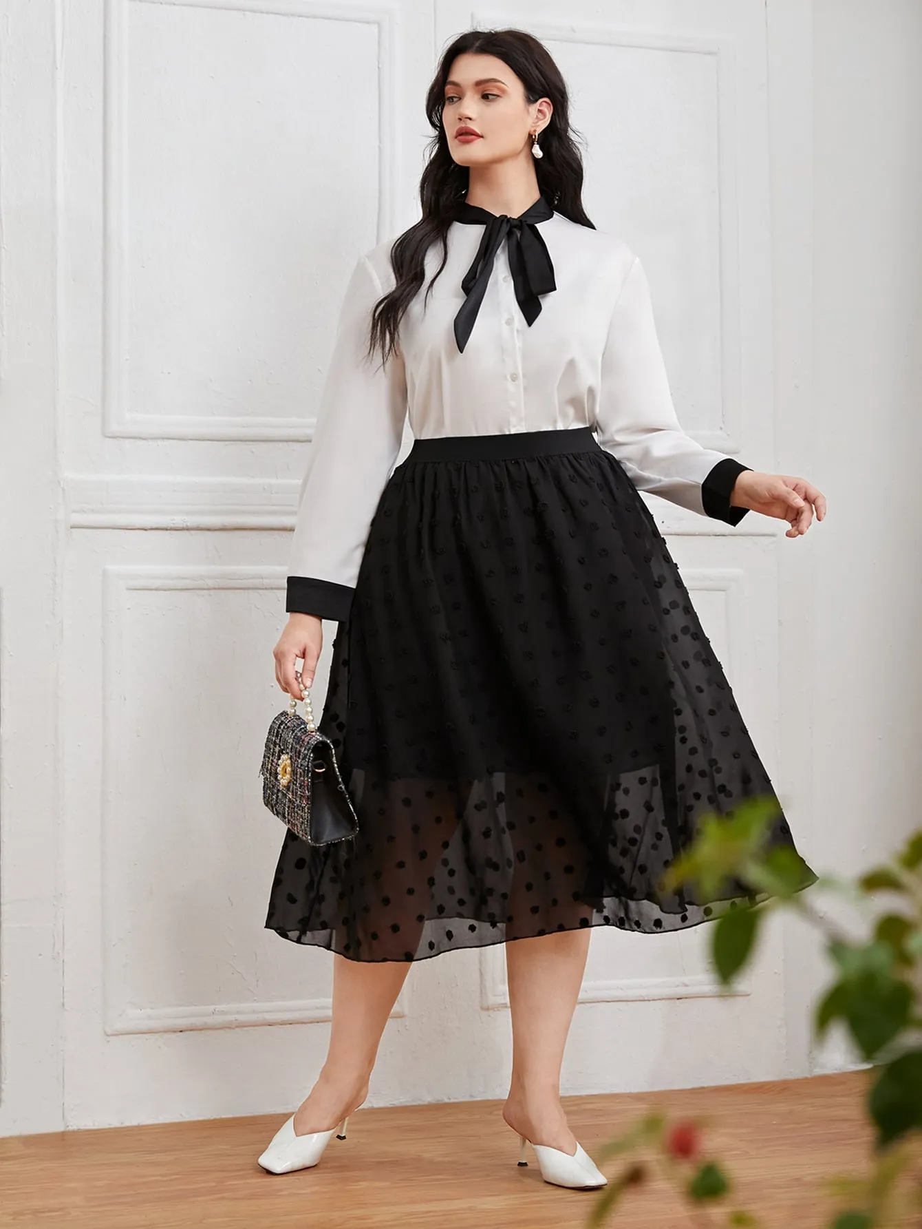 Plain Contrast Mesh Midi Plus Size Skirt