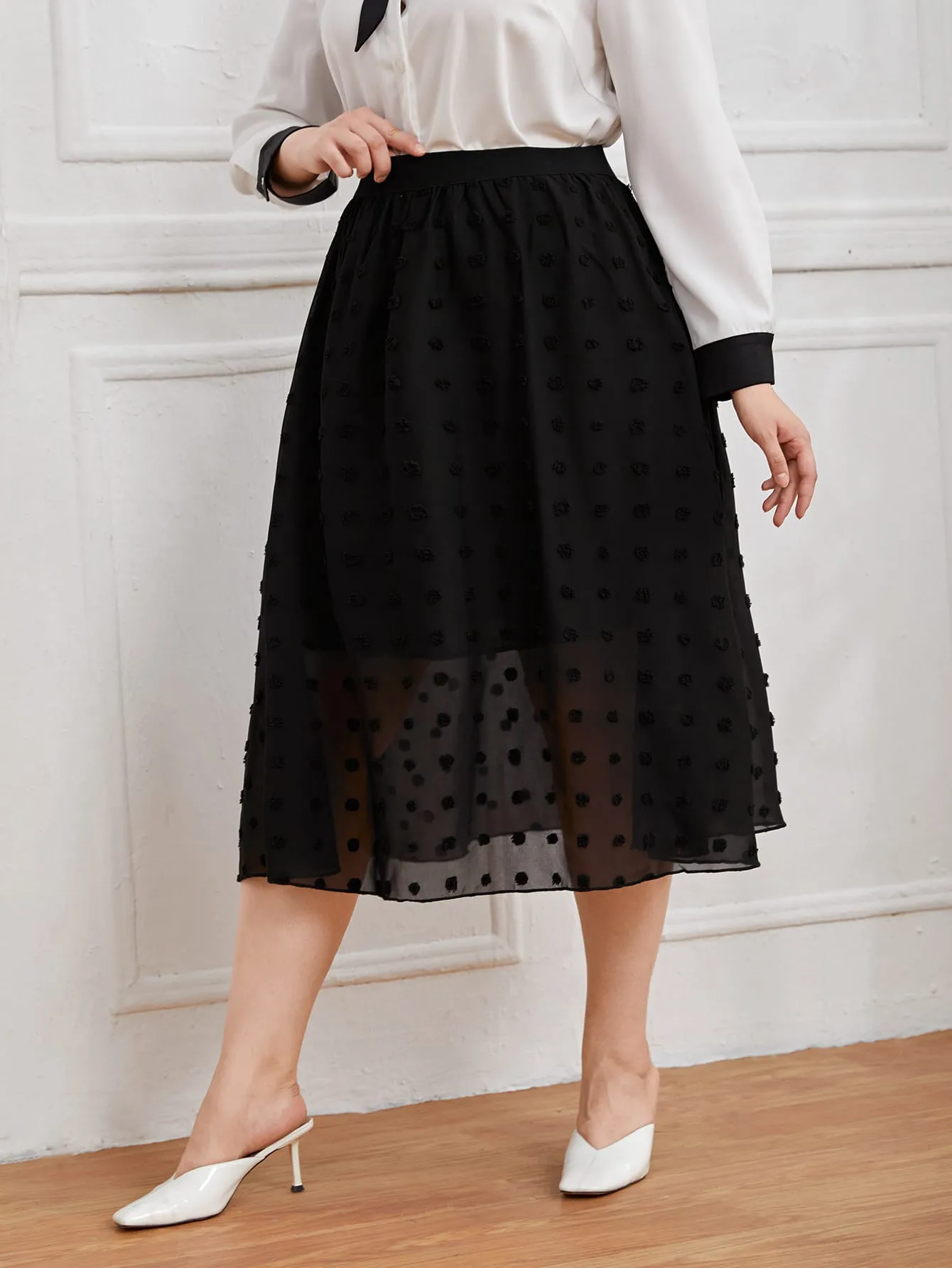 Plain Contrast Mesh Midi Plus Size Skirt