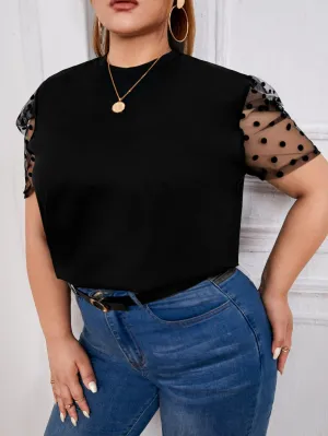 Plain Contrast Mesh Short Sleeve Stand Collar Regular Plus Size Blouse