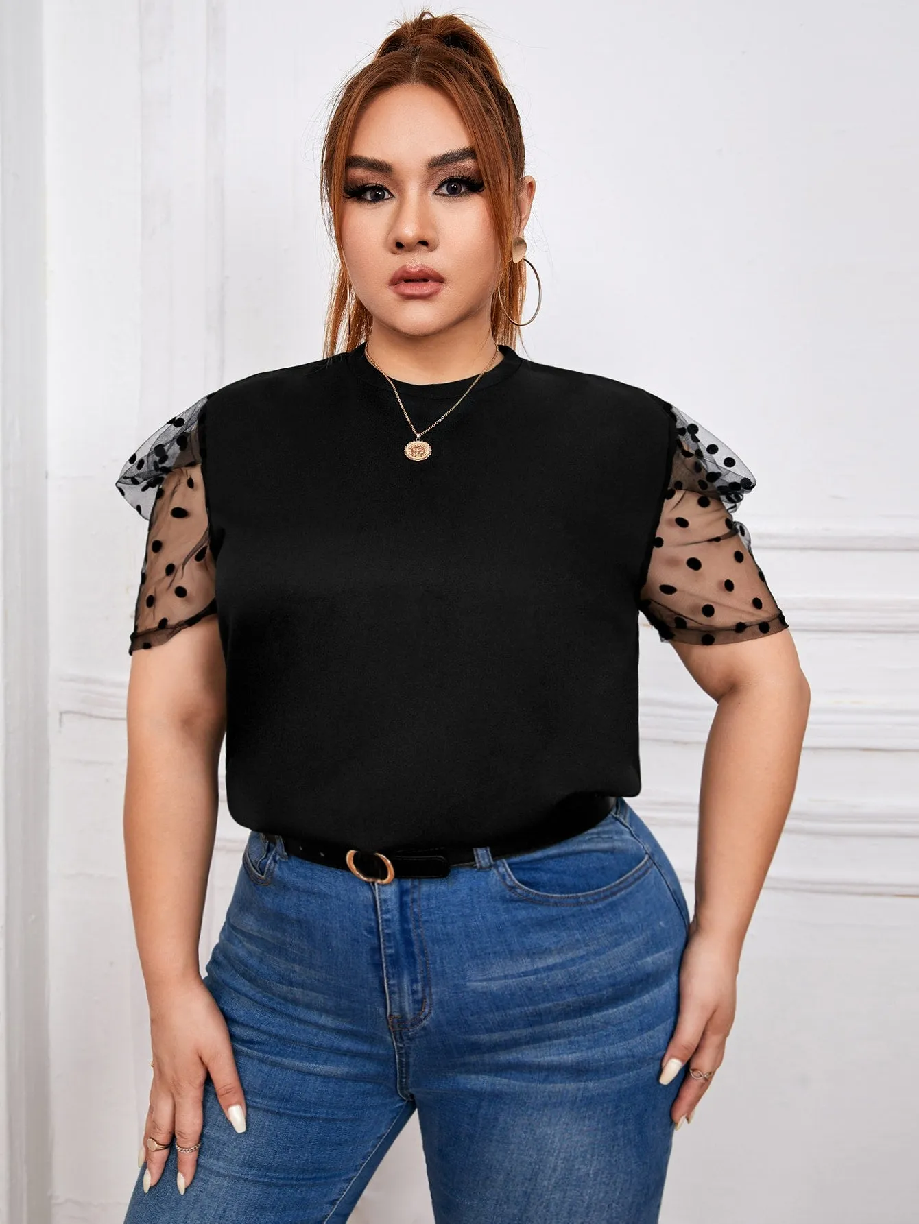Plain Contrast Mesh Short Sleeve Stand Collar Regular Plus Size Blouse
