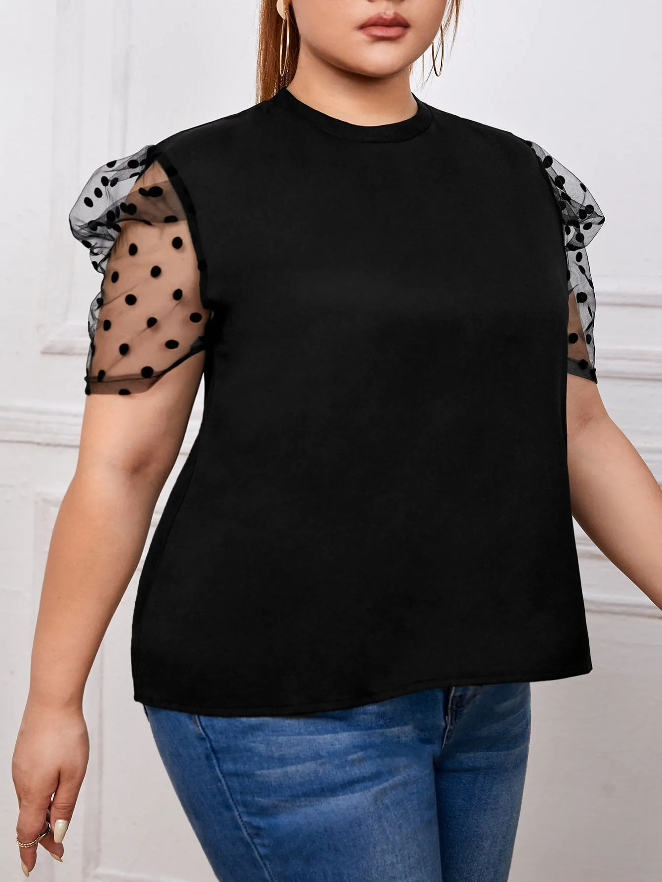 Plain Contrast Mesh Short Sleeve Stand Collar Regular Plus Size Blouse