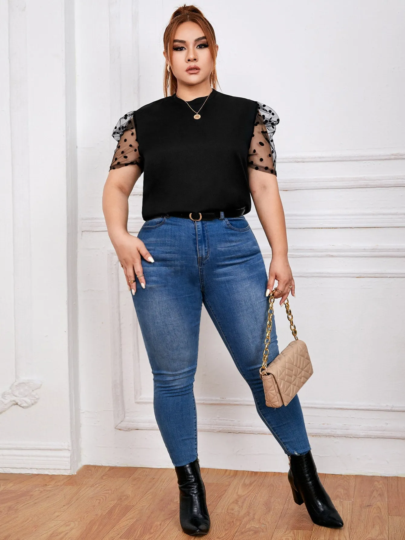 Plain Contrast Mesh Short Sleeve Stand Collar Regular Plus Size Blouse