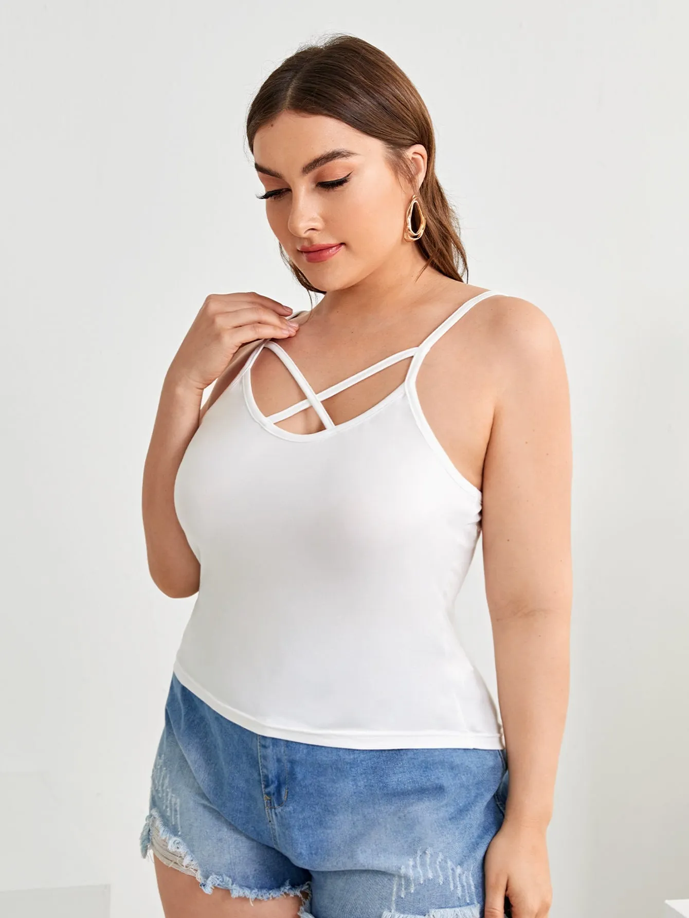 Plain Criss Cross Spaghetti Strap Regular Plus Size Tank Top & Cami