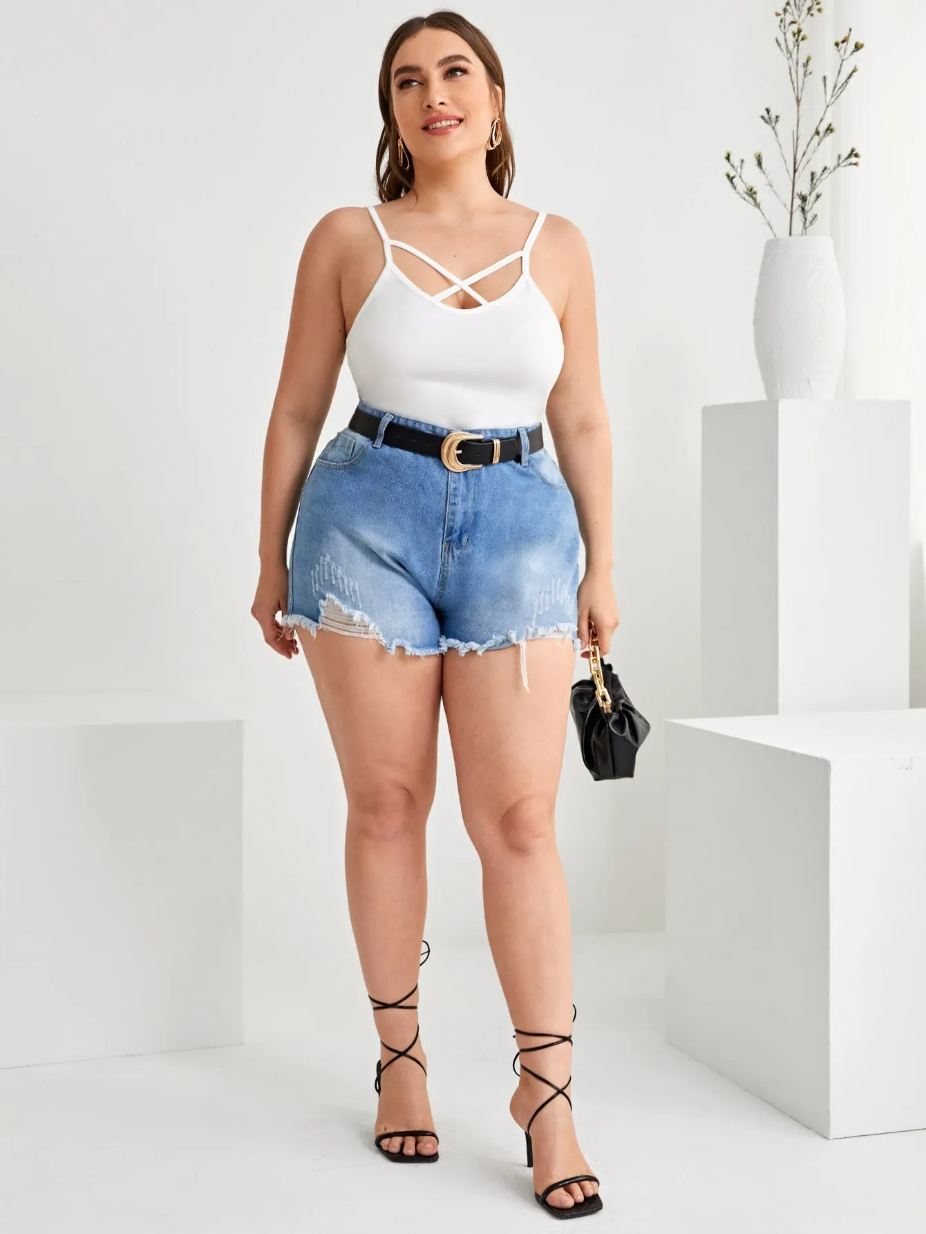 Plain Criss Cross Spaghetti Strap Regular Plus Size Tank Top & Cami
