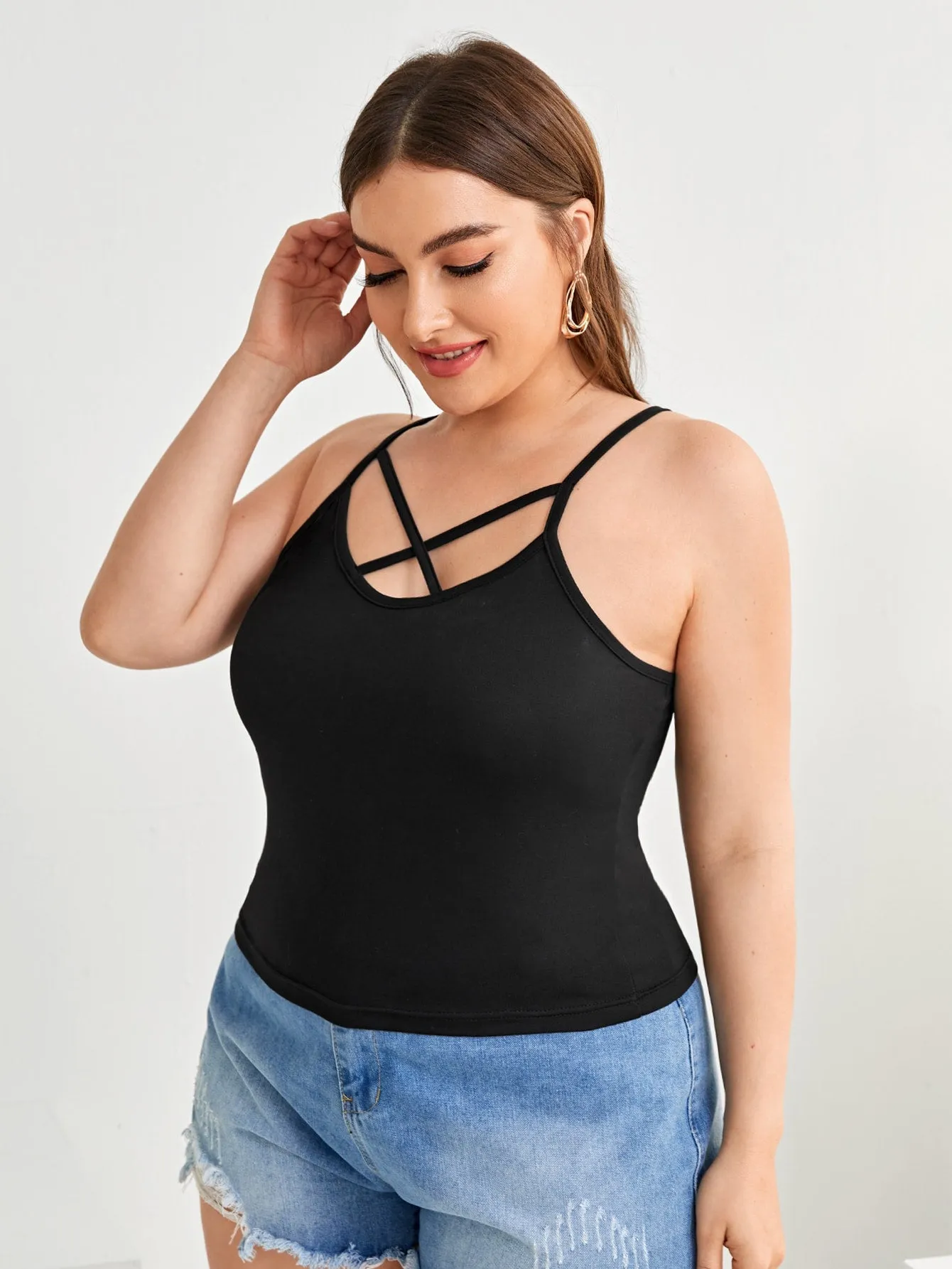 Plain Criss Cross Spaghetti Strap Regular Plus Size Tank Top & Cami