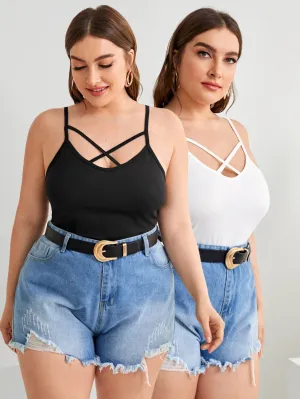 Plain Criss Cross Spaghetti Strap Regular Plus Size Tank Top & Cami