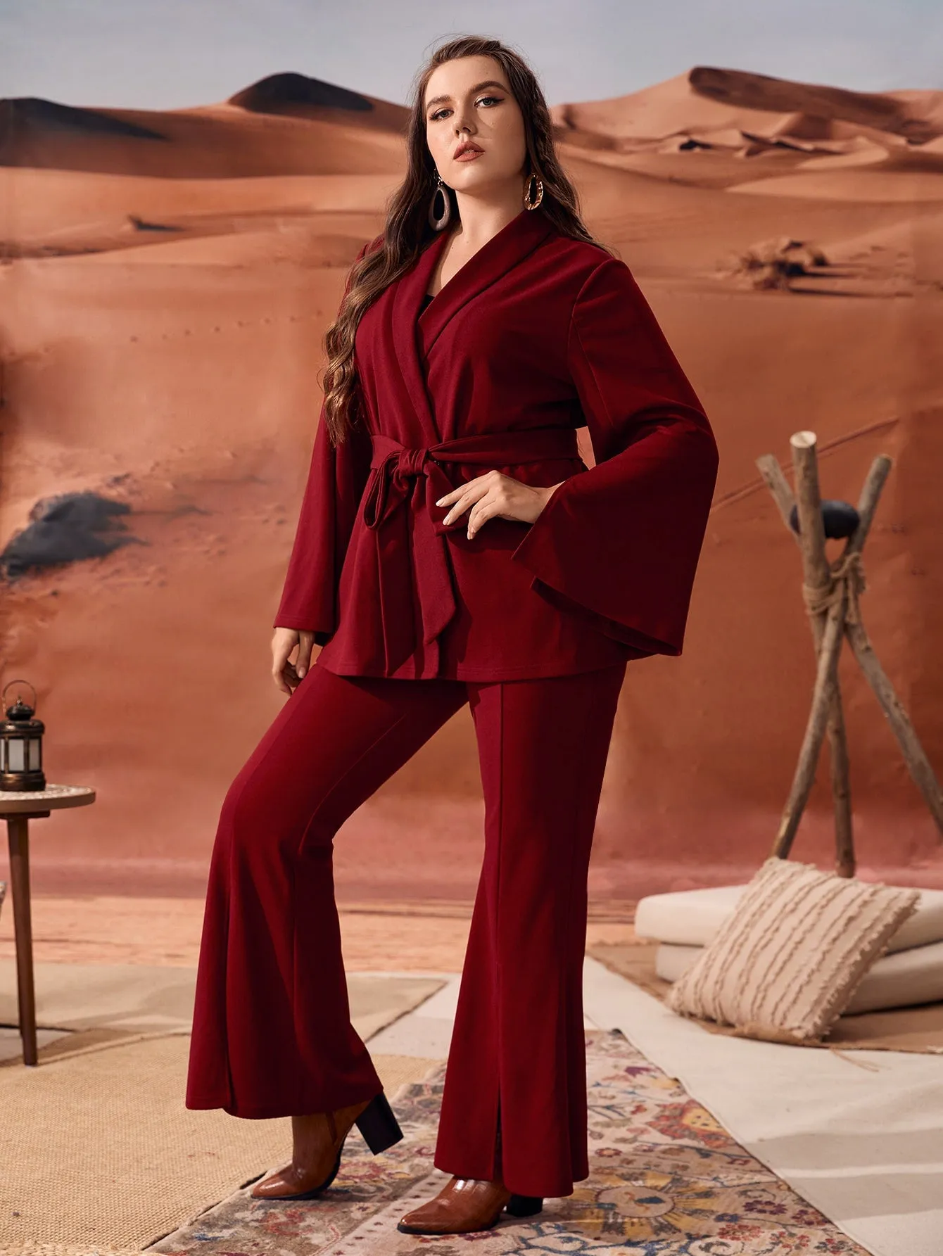 Plain Double Button Long Sleeve V Neck Plus Size Suit Set