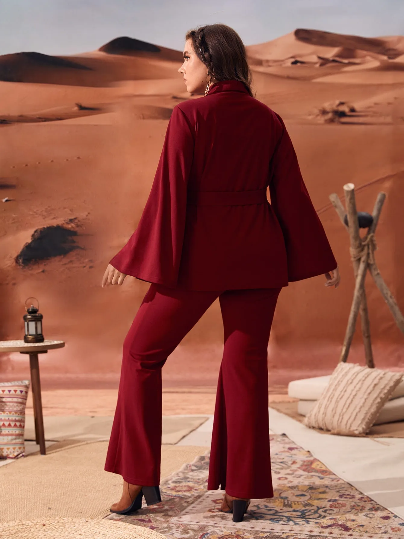 Plain Double Button Long Sleeve V Neck Plus Size Suit Set