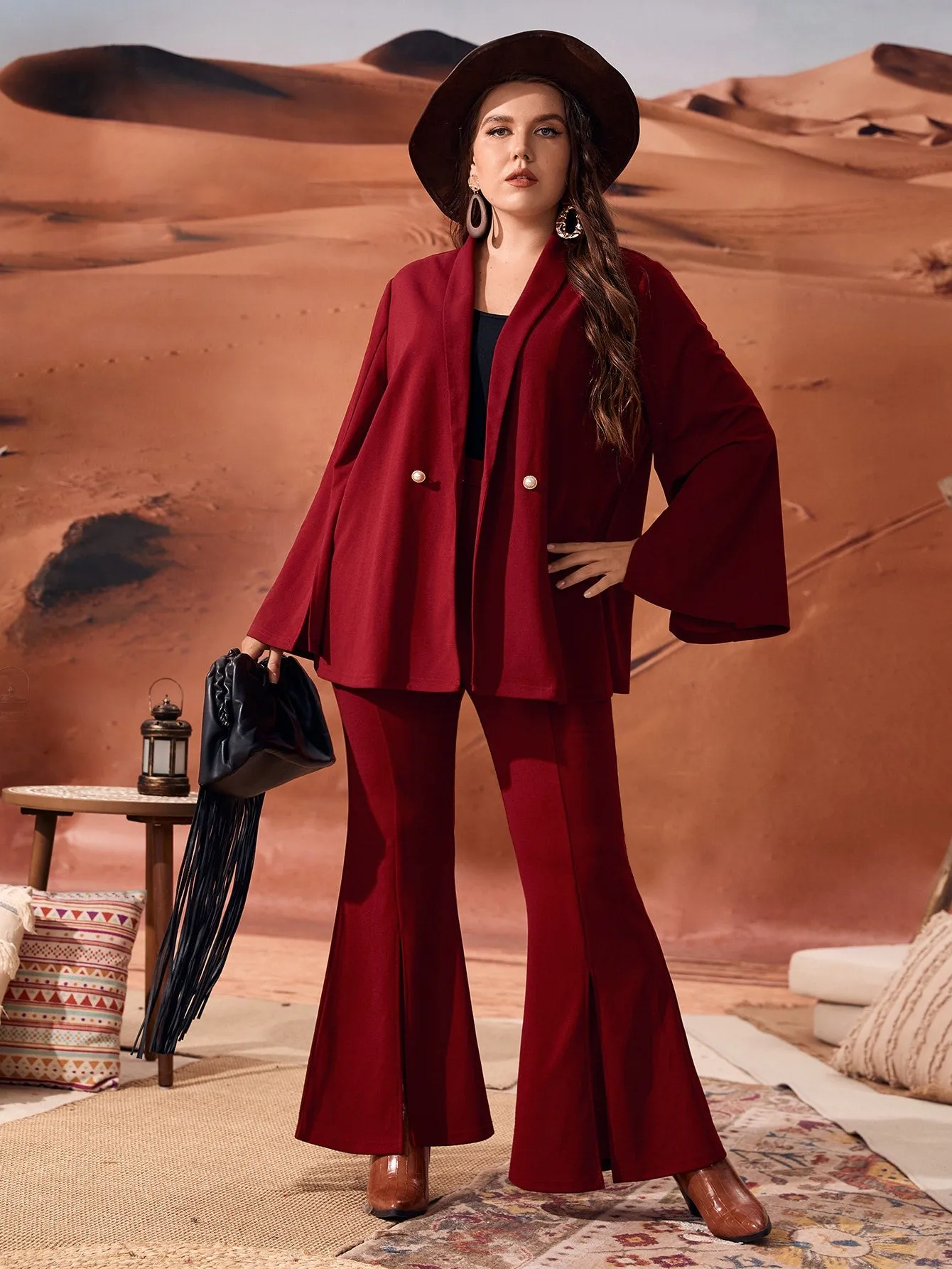 Plain Double Button Long Sleeve V Neck Plus Size Suit Set