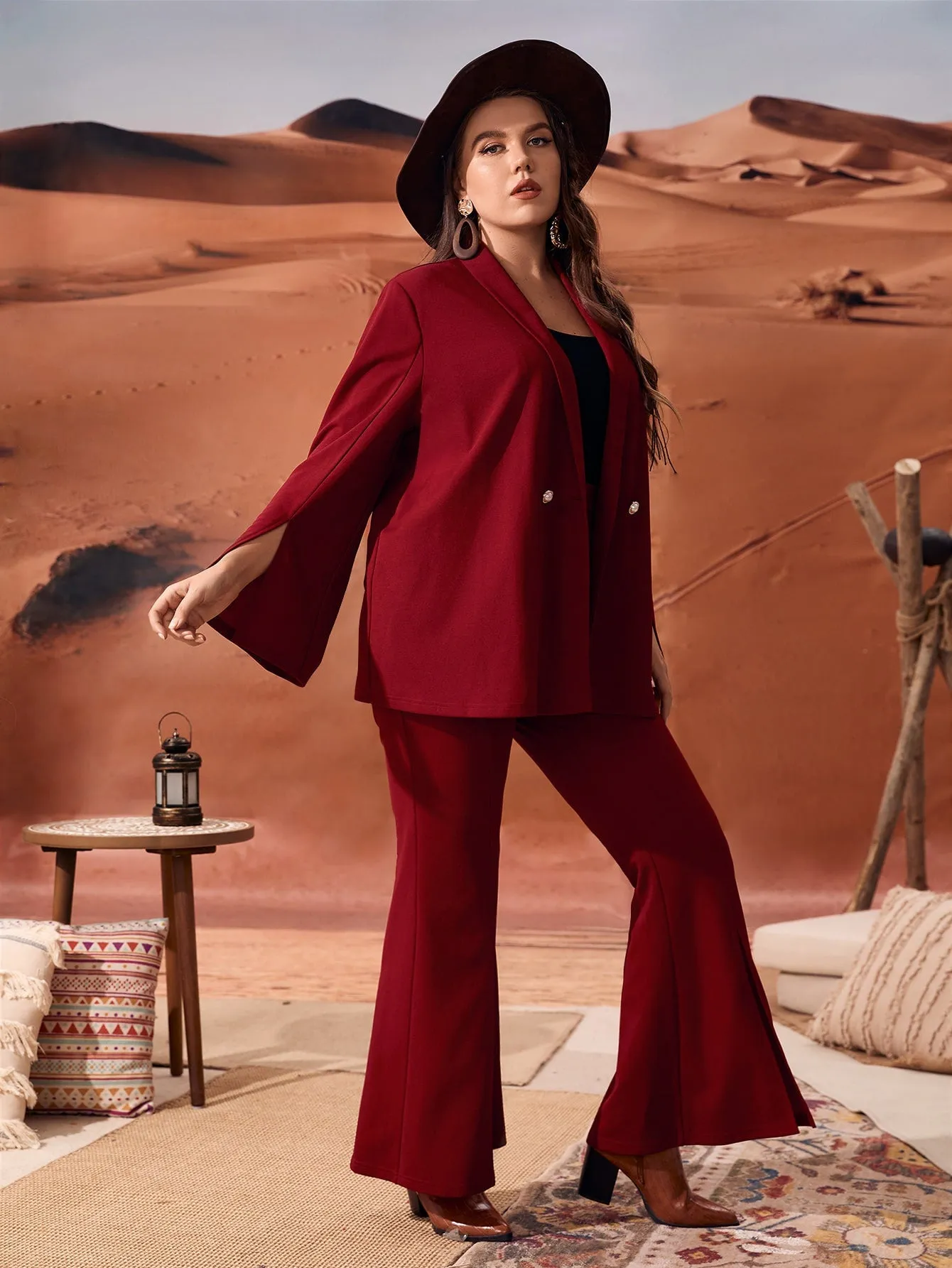 Plain Double Button Long Sleeve V Neck Plus Size Suit Set