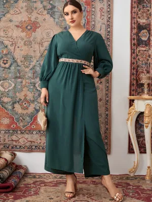 Plain Embroidery Long Sleeve V Neck Long Plus Size Jumpsuit
