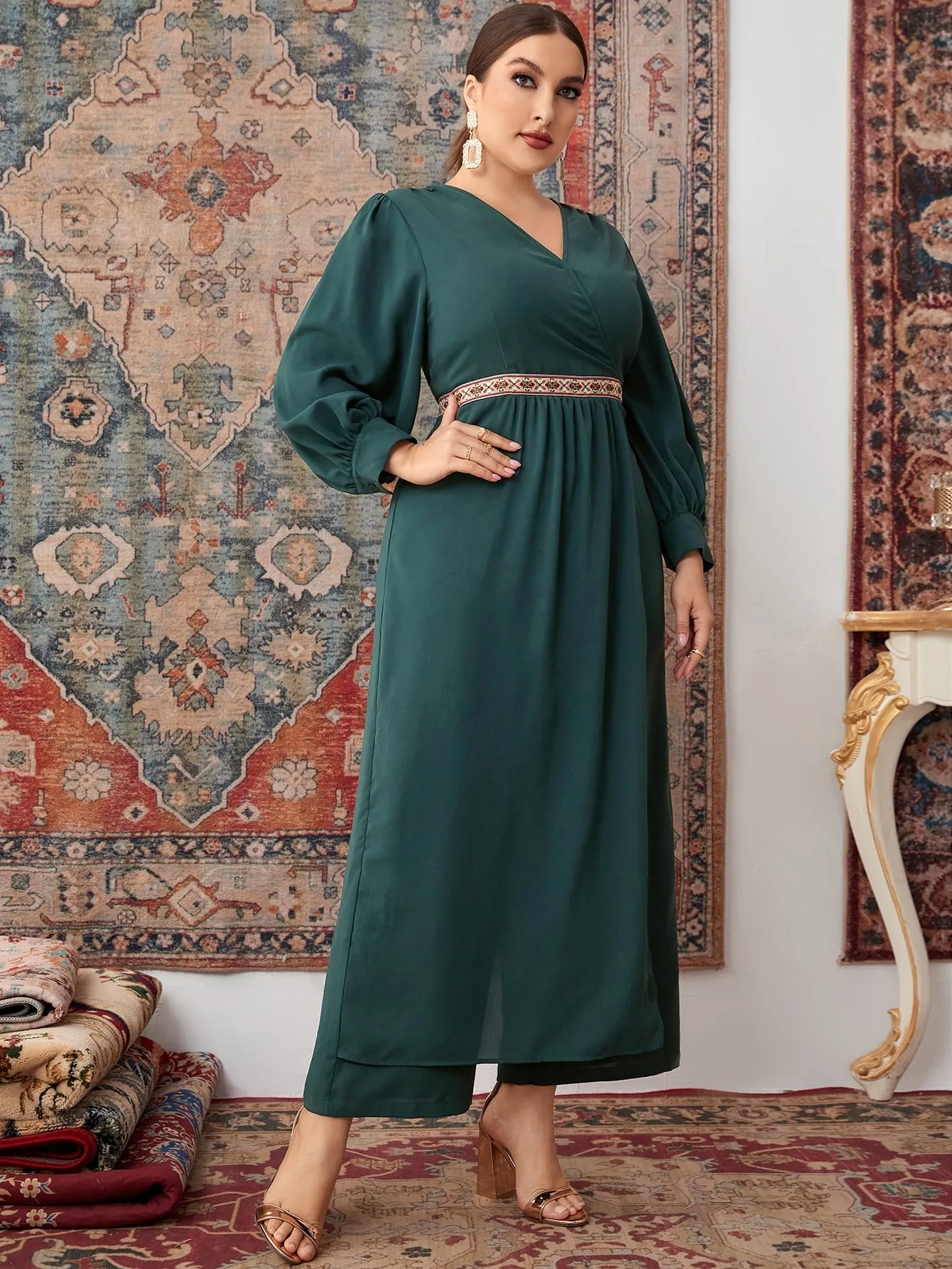 Plain Embroidery Long Sleeve V Neck Long Plus Size Jumpsuit