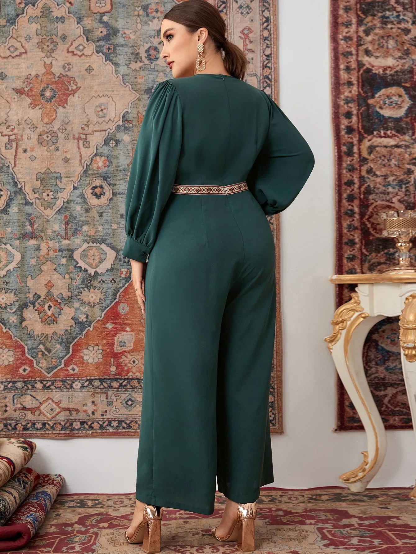 Plain Embroidery Long Sleeve V Neck Long Plus Size Jumpsuit