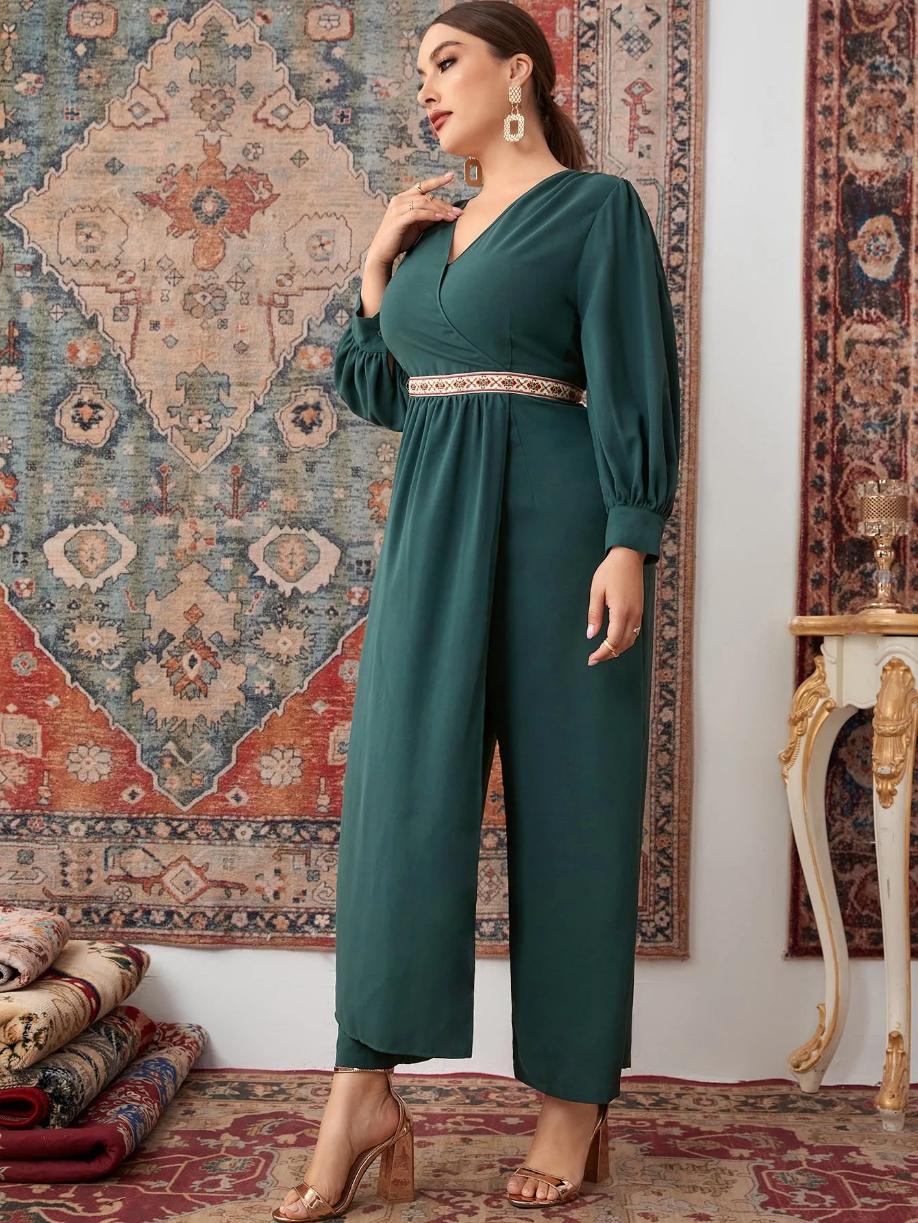 Plain Embroidery Long Sleeve V Neck Long Plus Size Jumpsuit