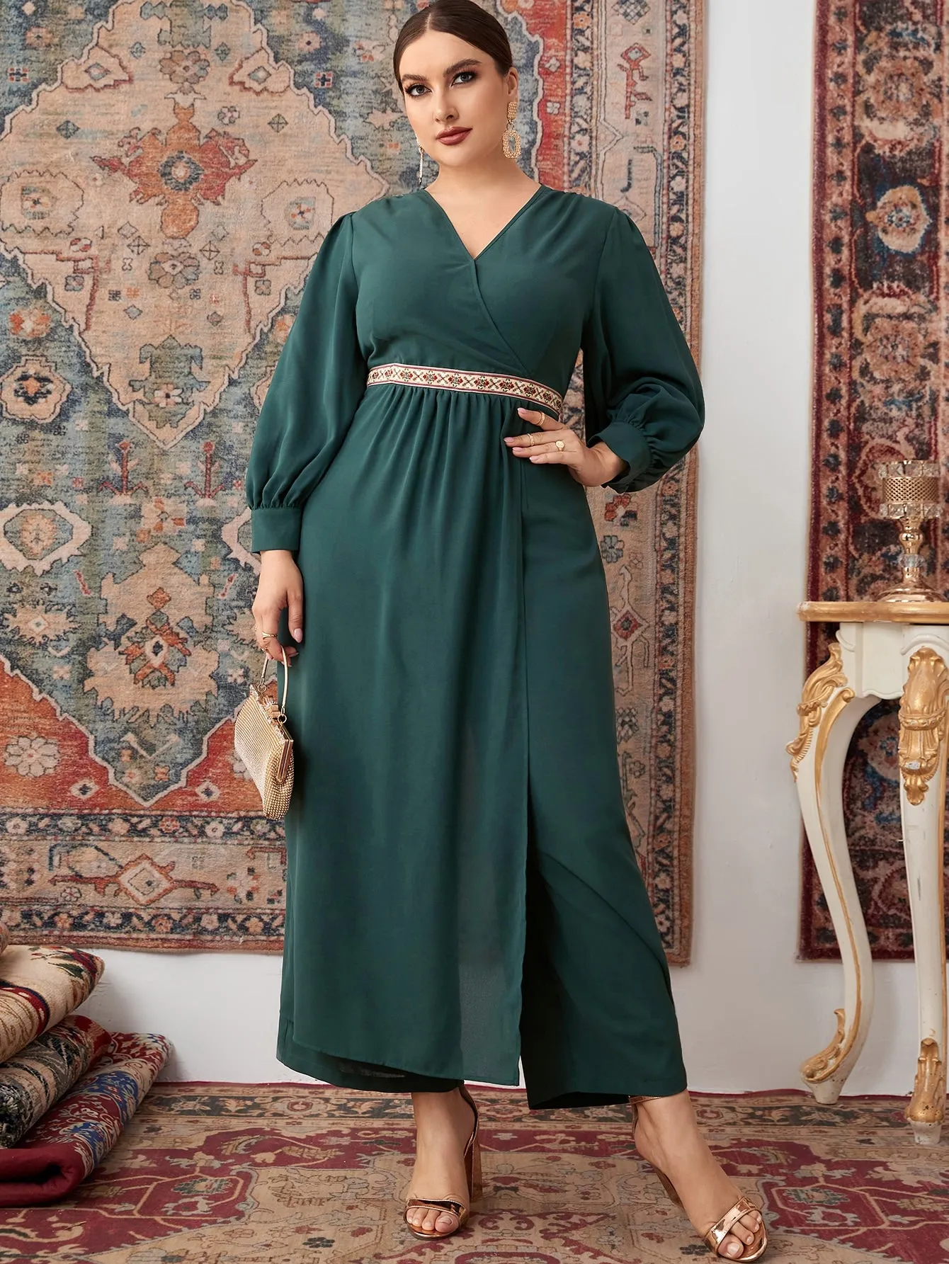 Plain Embroidery Long Sleeve V Neck Long Plus Size Jumpsuit