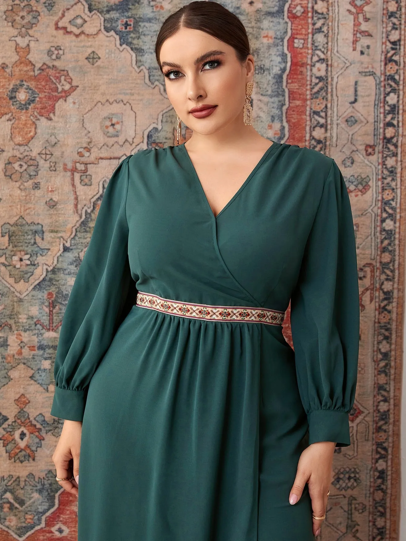 Plain Embroidery Long Sleeve V Neck Long Plus Size Jumpsuit
