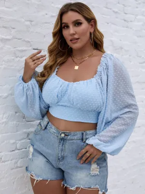 Plain Frill Long Sleeve Sweetheart Crop Plus Size Blouse