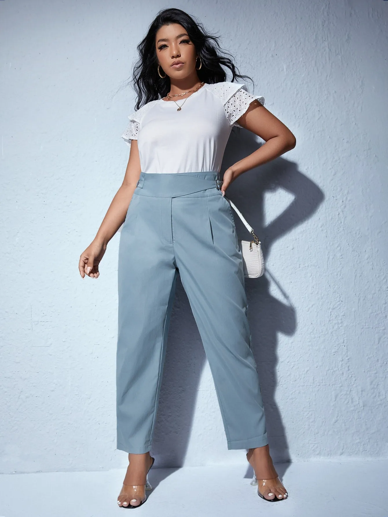 Plain Grommet Eyelet Long Plus Size Pants