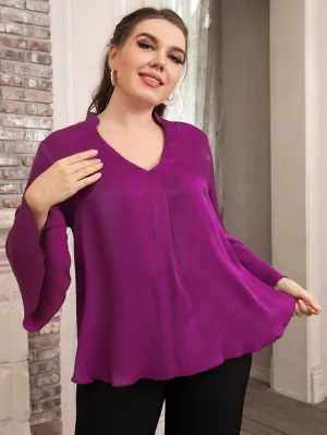 Plain High Low Long Sleeve Notched Regular Plus Size Blouse