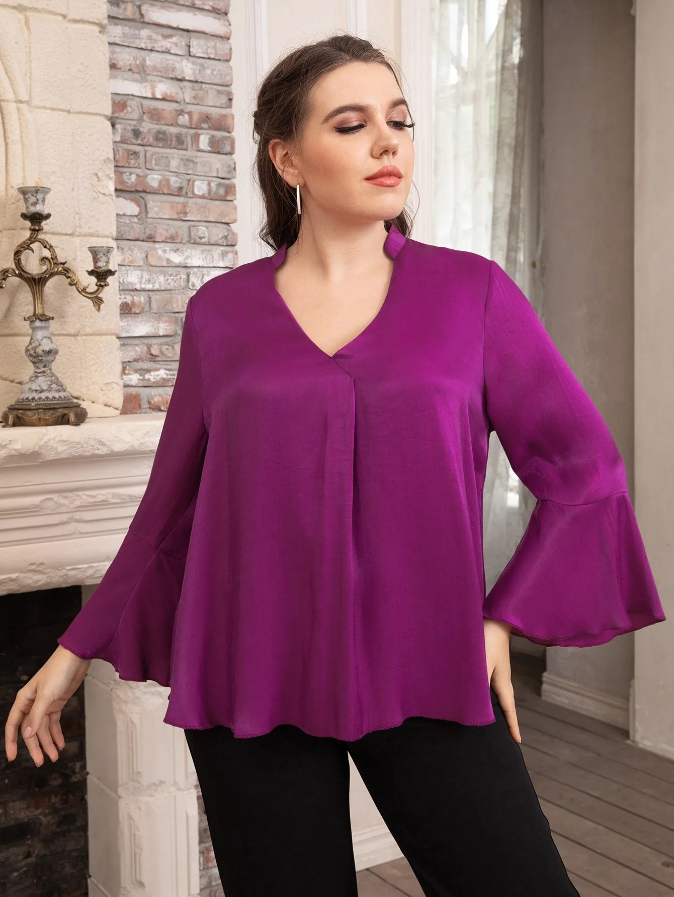 Plain High Low Long Sleeve Notched Regular Plus Size Blouse