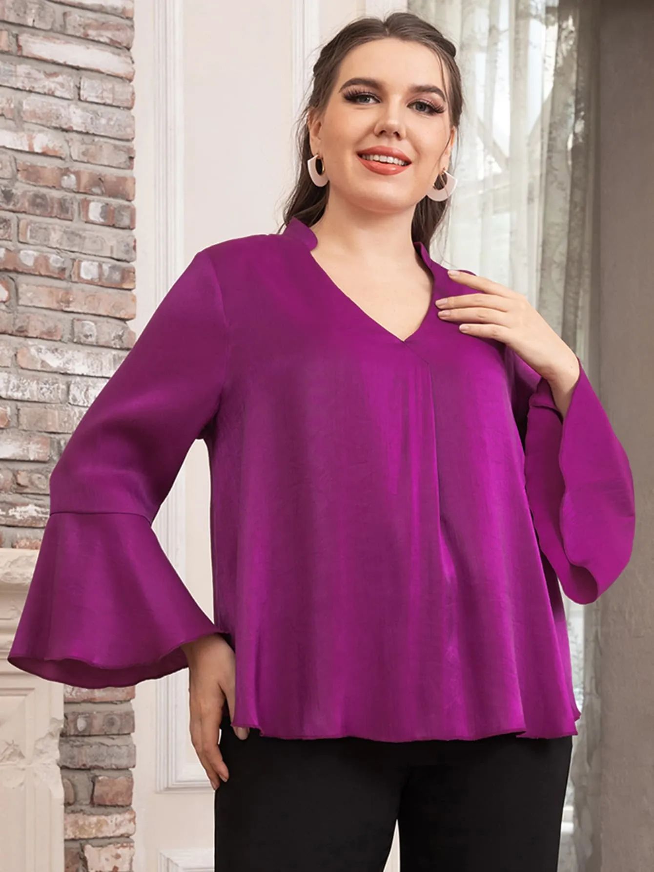 Plain High Low Long Sleeve Notched Regular Plus Size Blouse