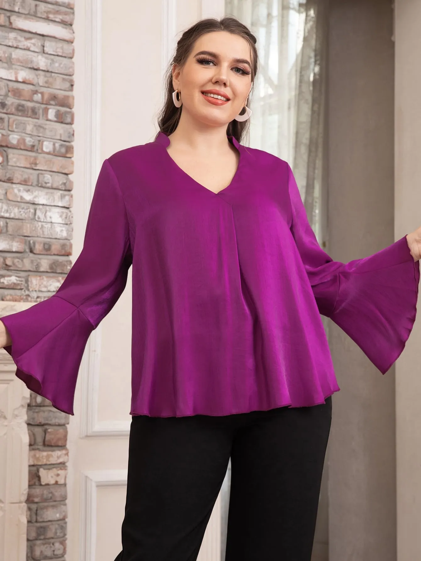 Plain High Low Long Sleeve Notched Regular Plus Size Blouse