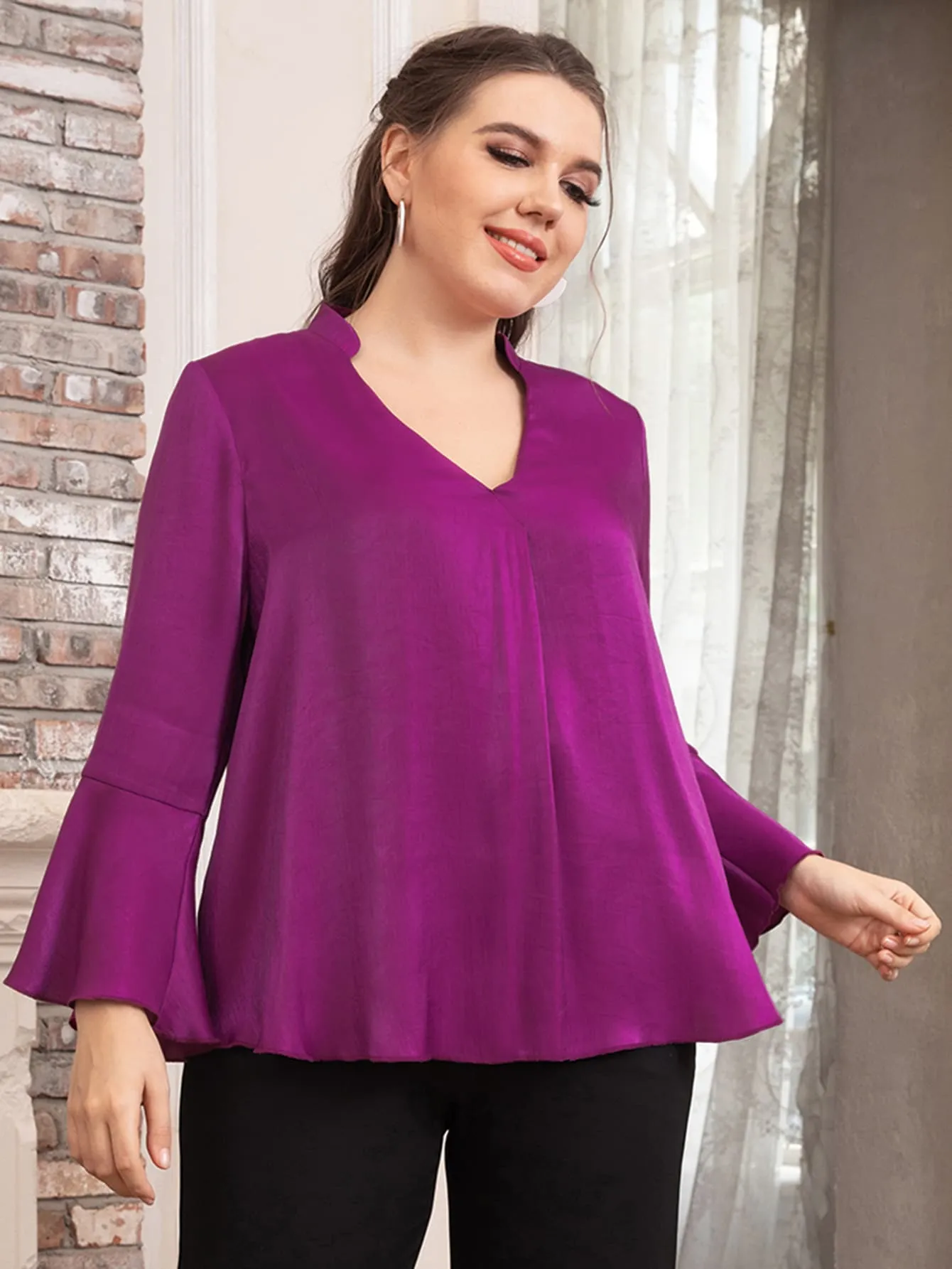 Plain High Low Long Sleeve Notched Regular Plus Size Blouse