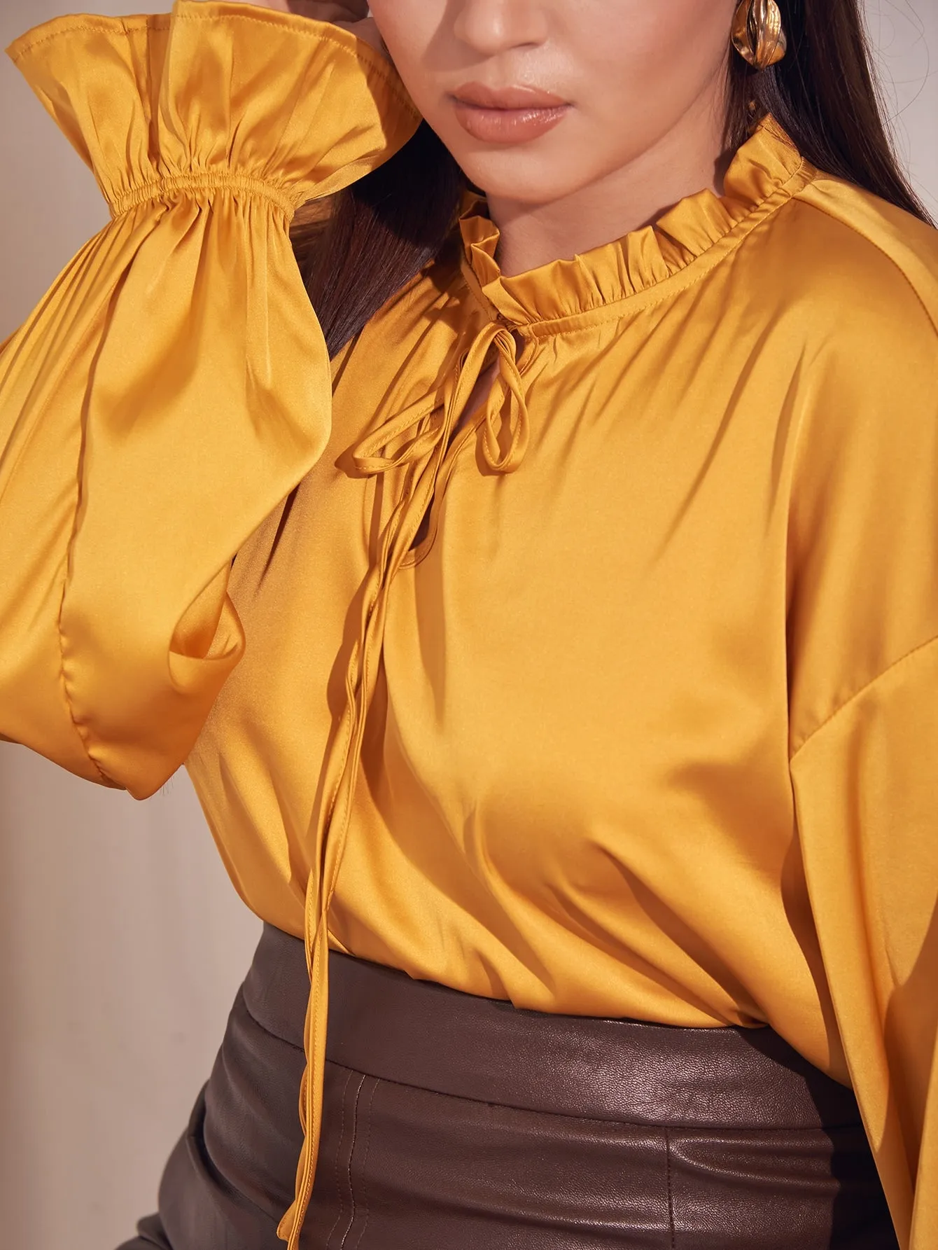 Plain Knot Long Sleeve Tie Neck Regular Plus Size Blouse