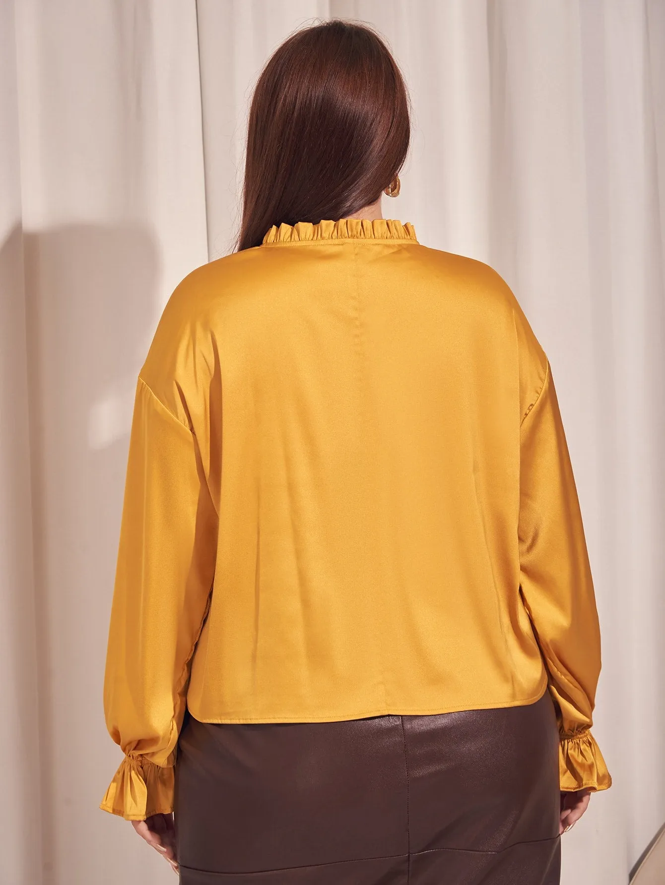 Plain Knot Long Sleeve Tie Neck Regular Plus Size Blouse