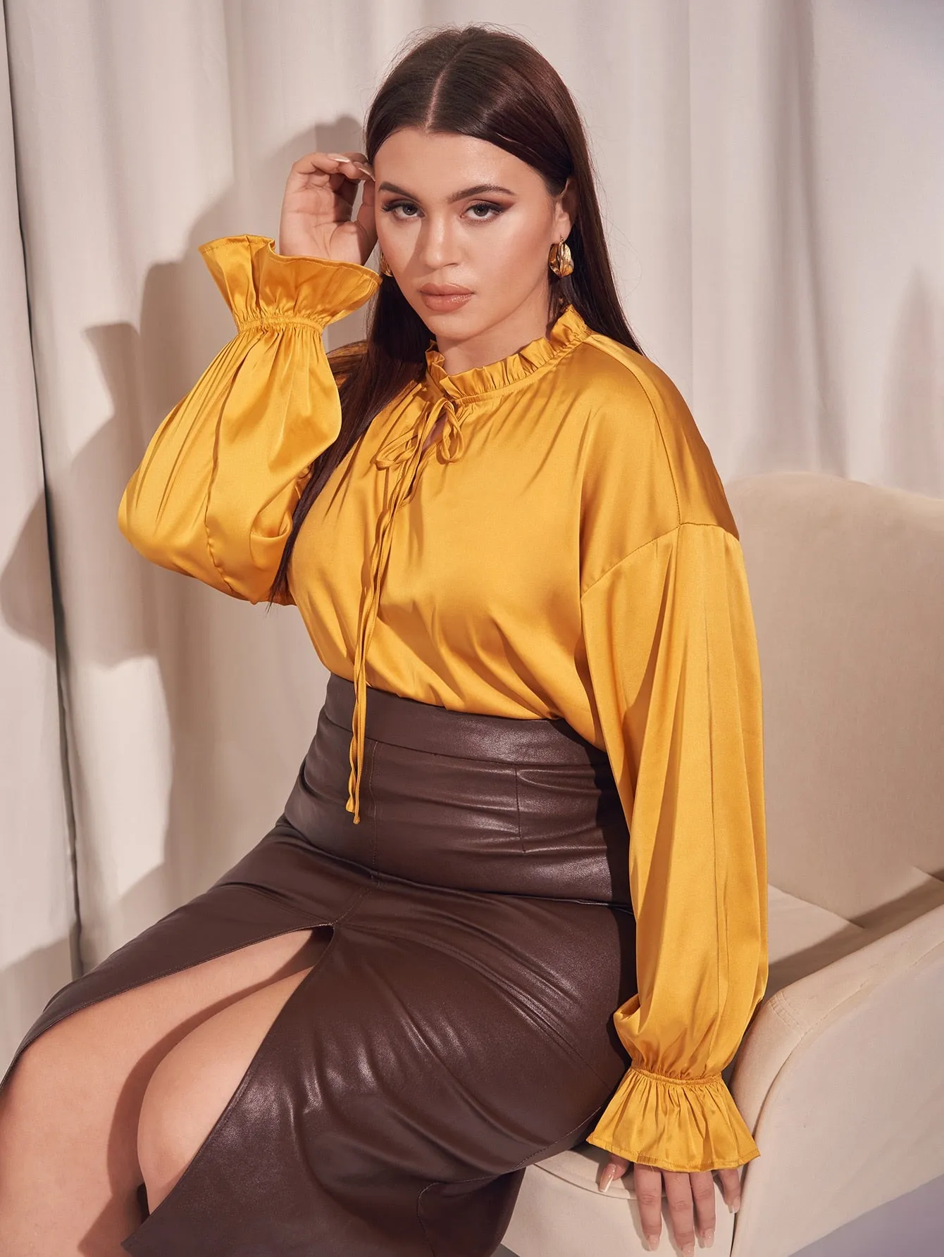 Plain Knot Long Sleeve Tie Neck Regular Plus Size Blouse