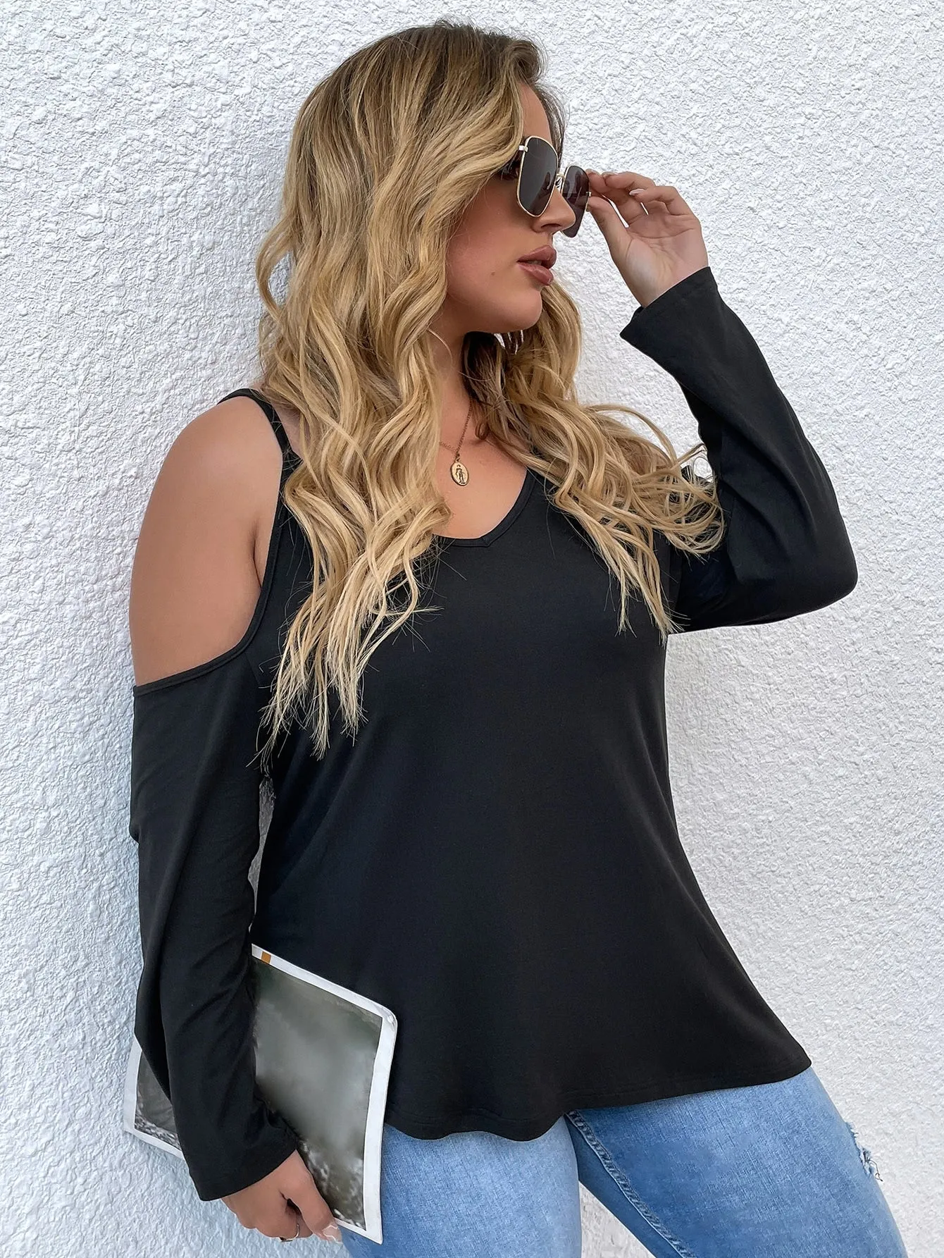 Plain Long Sleeve Cold Shoulder Regular Plus Size T-Shirt
