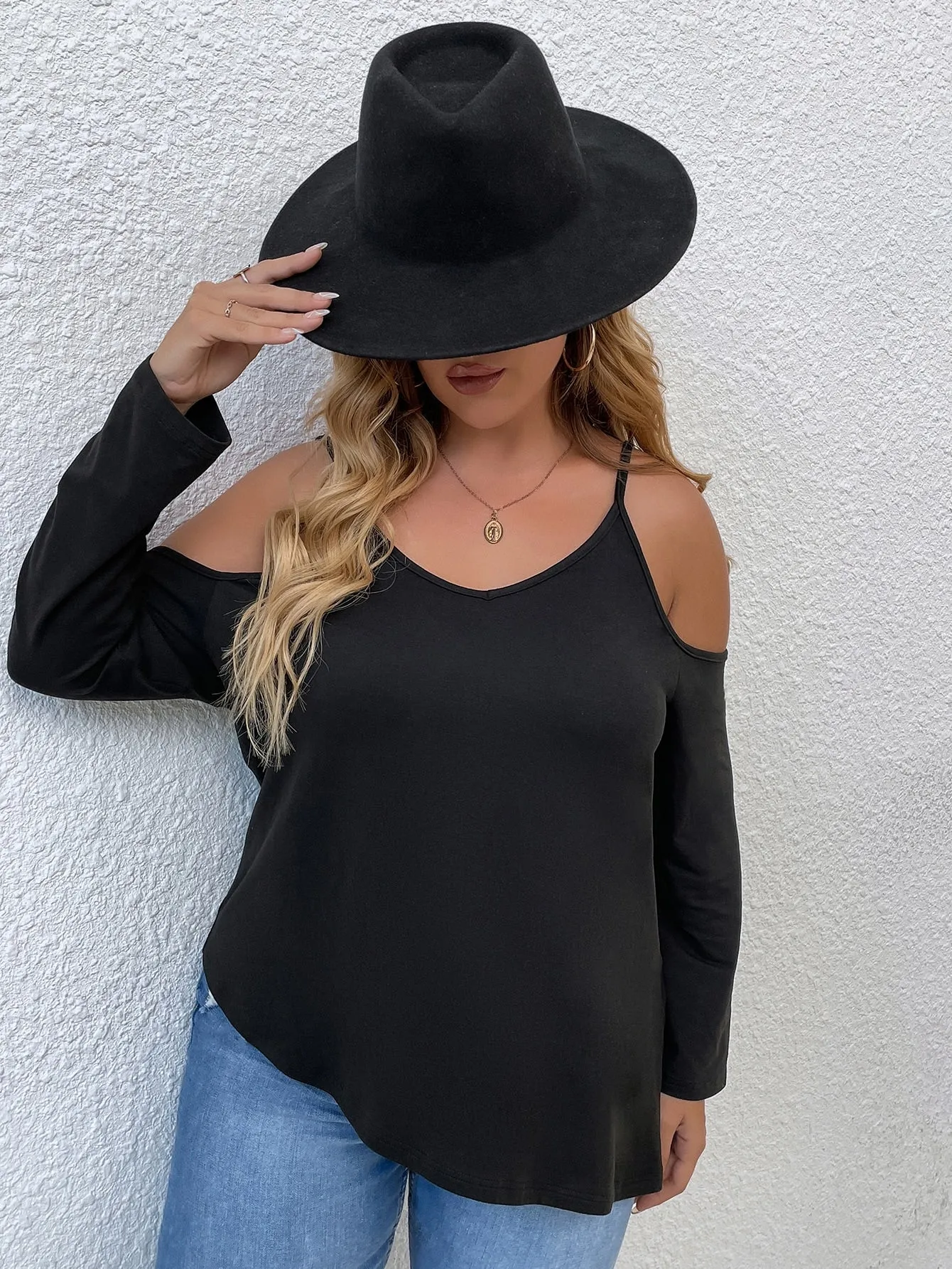Plain Long Sleeve Cold Shoulder Regular Plus Size T-Shirt