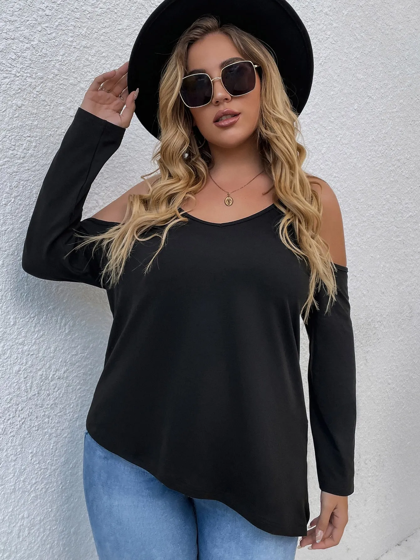 Plain Long Sleeve Cold Shoulder Regular Plus Size T-Shirt