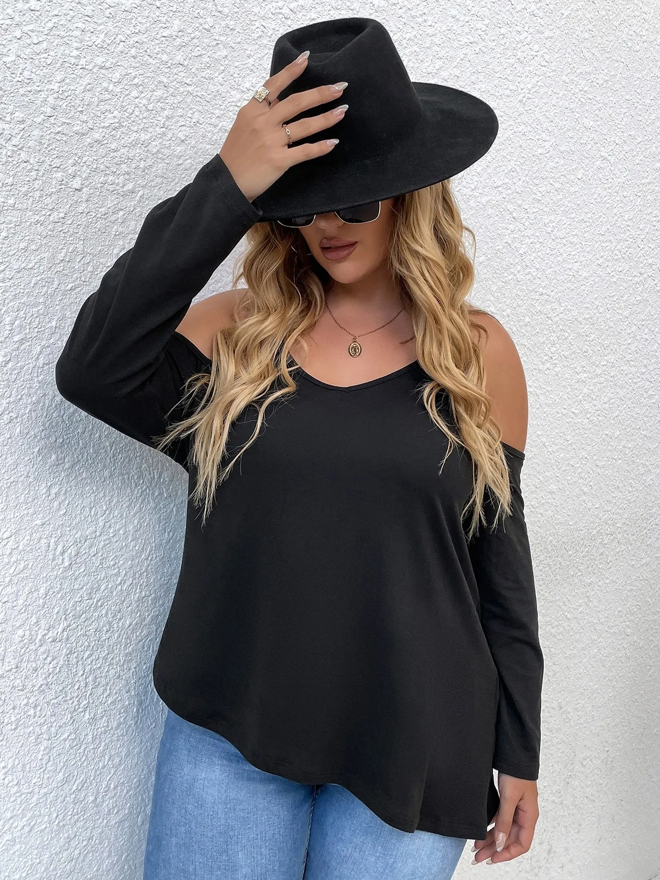 Plain Long Sleeve Cold Shoulder Regular Plus Size T-Shirt
