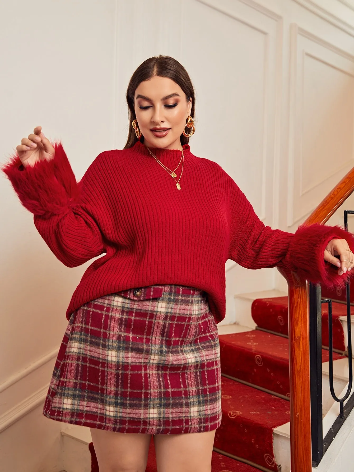 Plain Long Sleeve Stand Collar Regular Plus Size Sweater