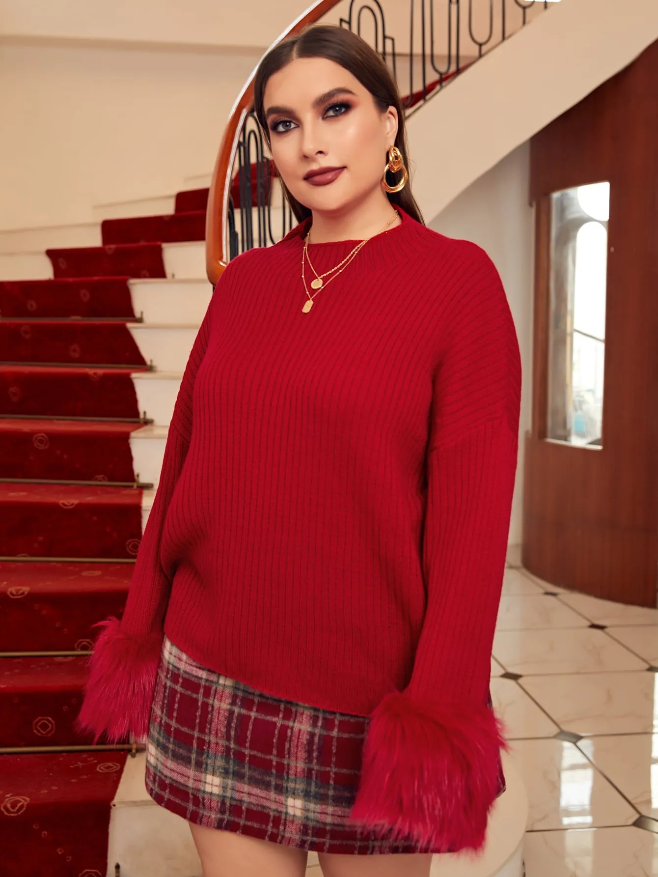 Plain Long Sleeve Stand Collar Regular Plus Size Sweater