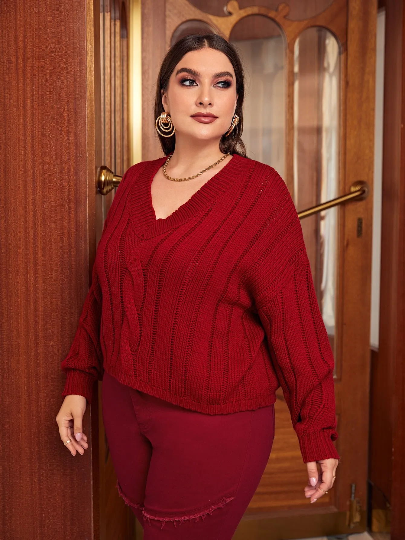 Plain Long Sleeve V Neck Regular Plus Size Sweater