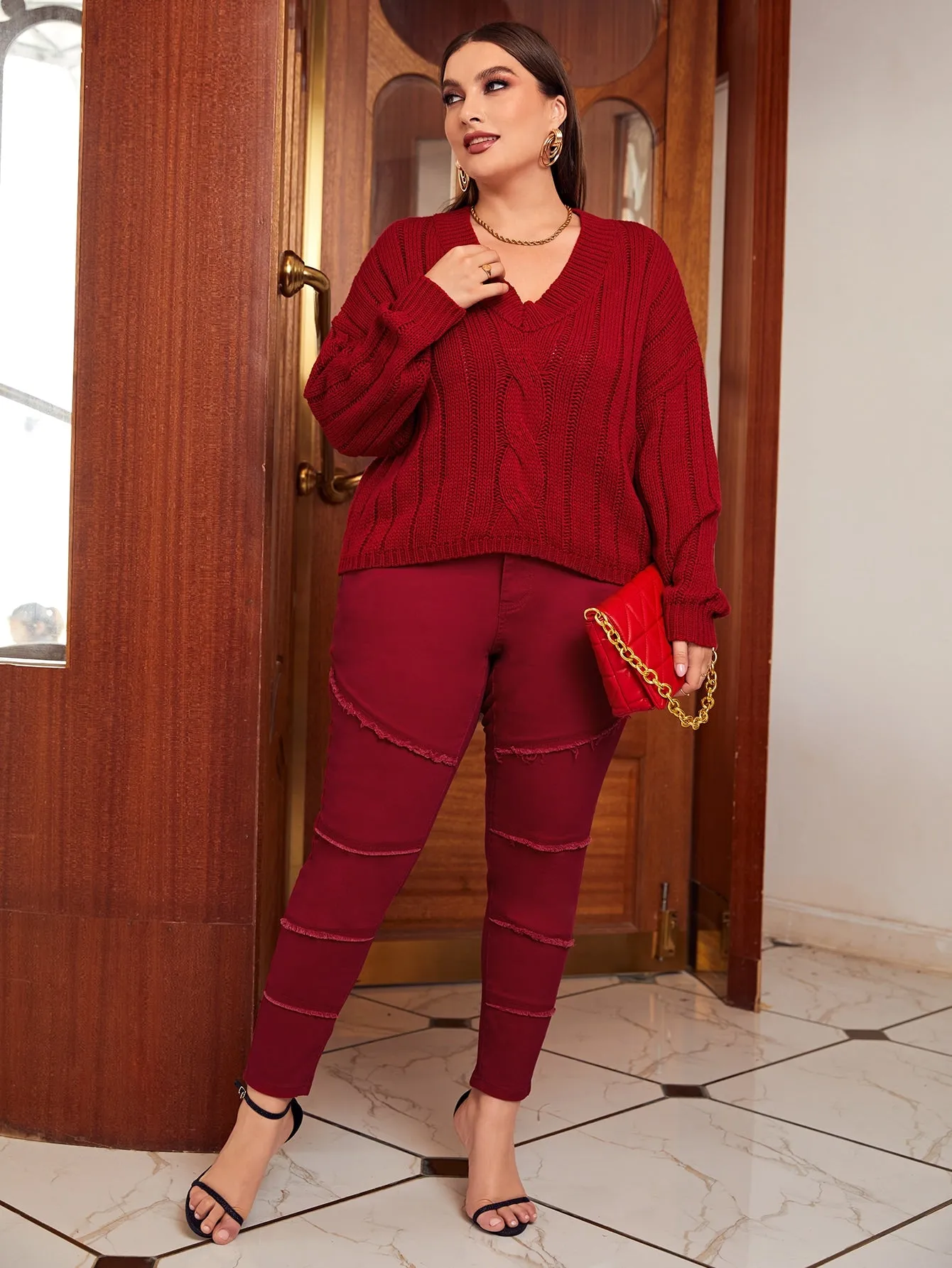 Plain Long Sleeve V Neck Regular Plus Size Sweater