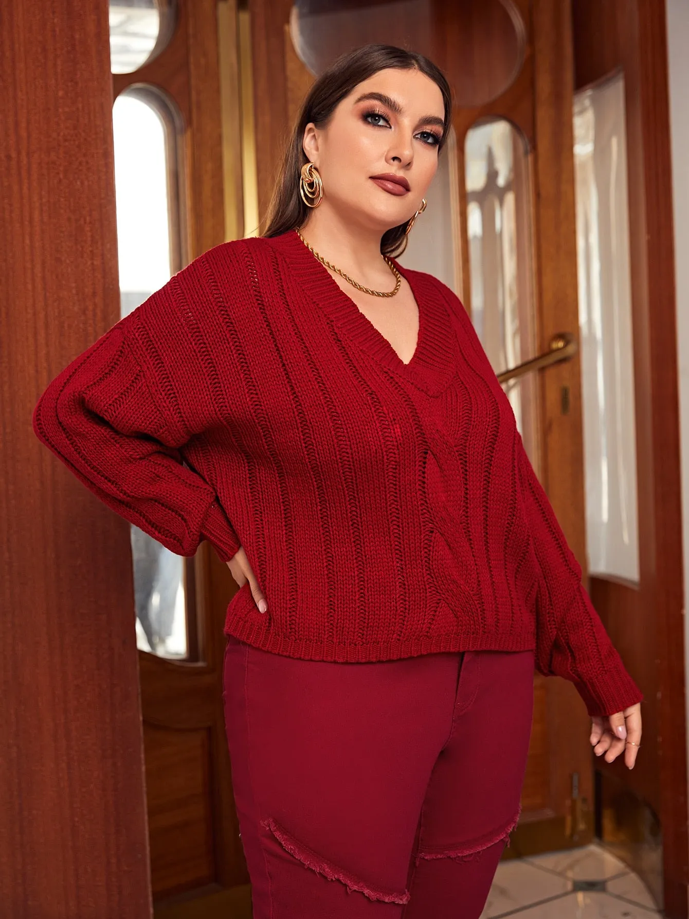 Plain Long Sleeve V Neck Regular Plus Size Sweater