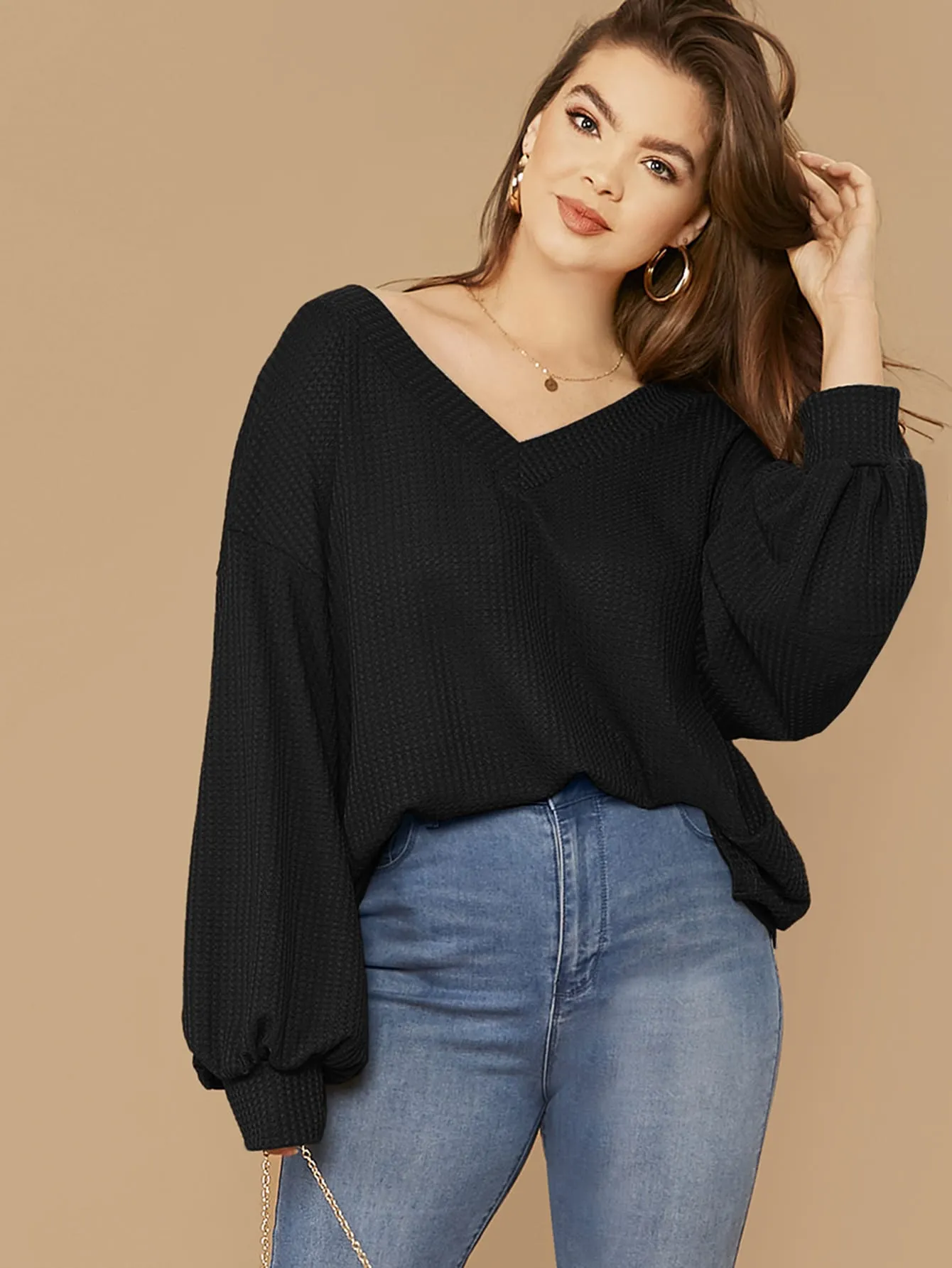 Plain Long Sleeve V Neck Regular Plus Size T-Shirt