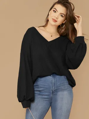 Plain Long Sleeve V Neck Regular Plus Size T-Shirt