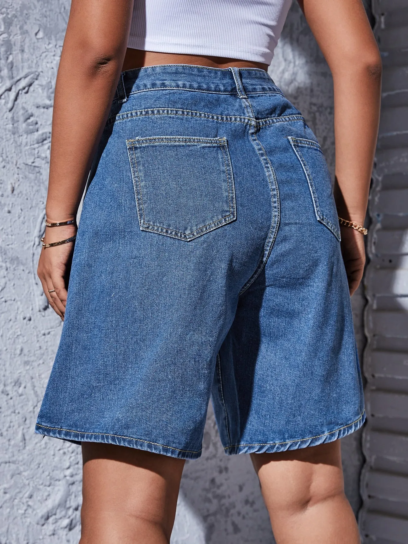 Plain Natural Plus Size Denim Shorts