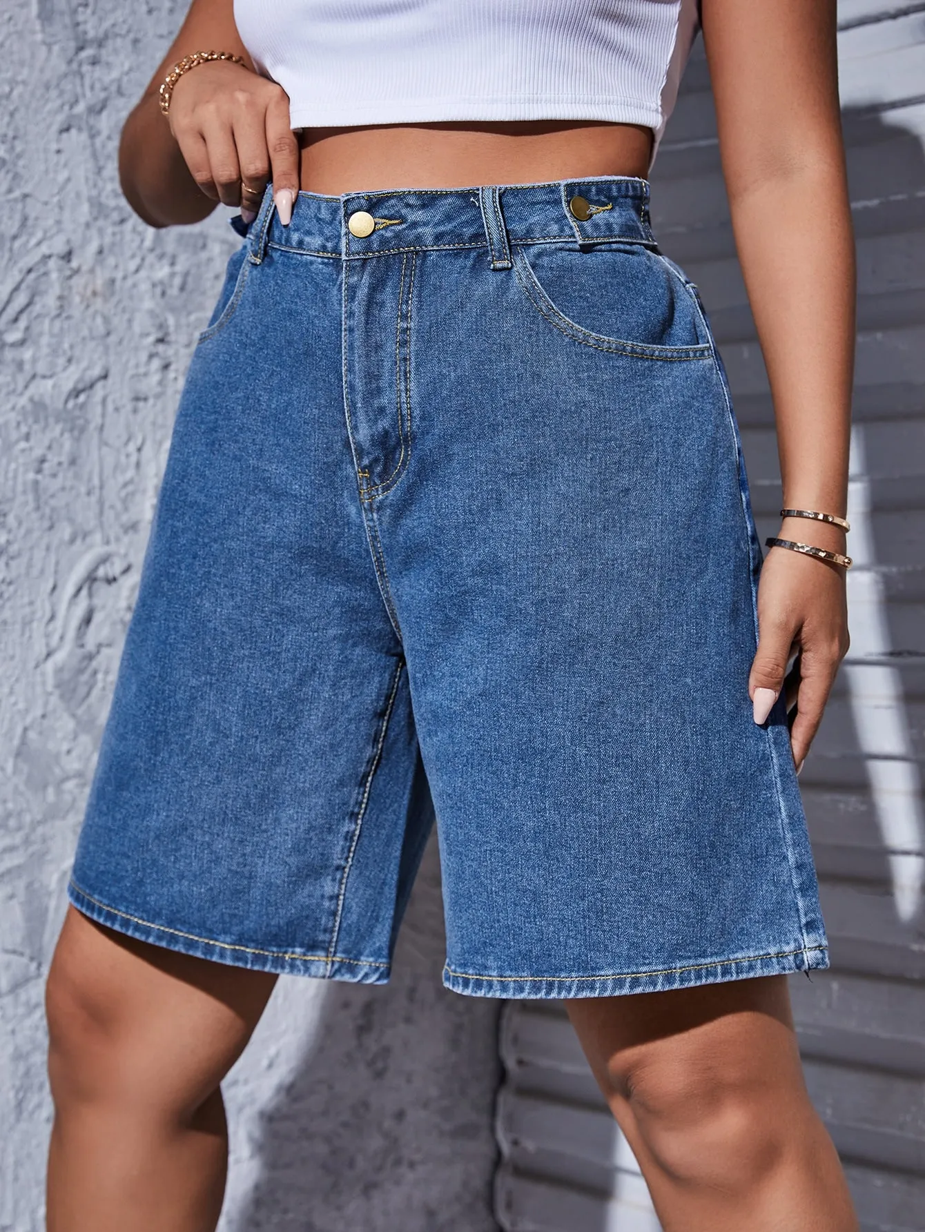Plain Natural Plus Size Denim Shorts