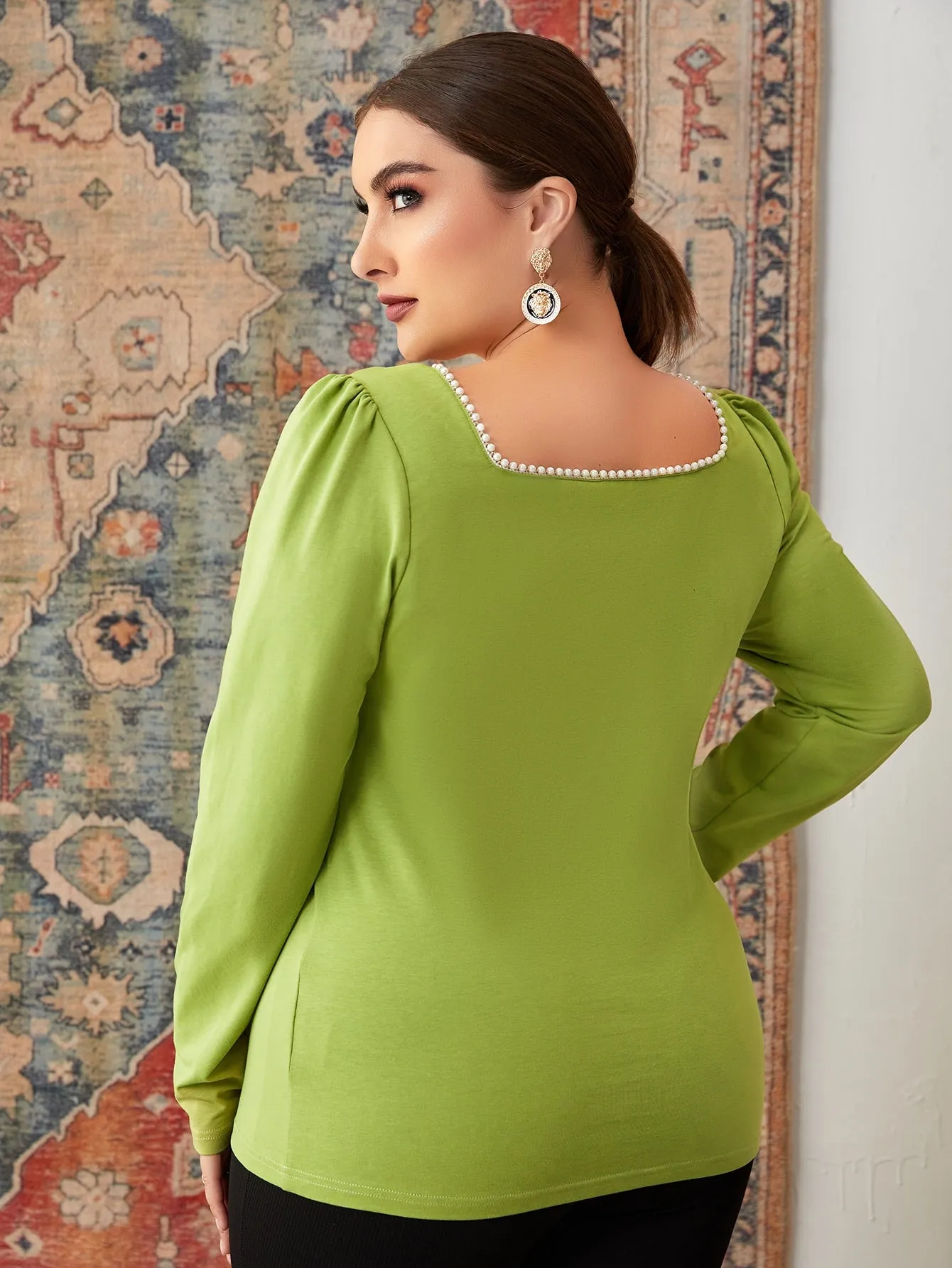 Plain Pearls Long Sleeve Square Neck Regular Plus Size T-Shirt