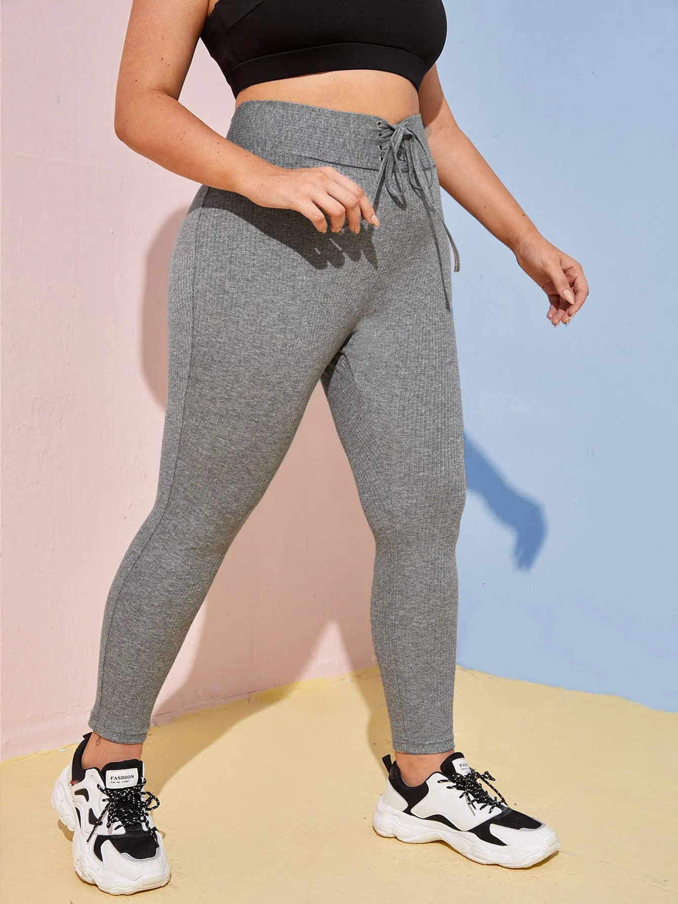 Plain Rib-Knit Long Plus Size Leggings