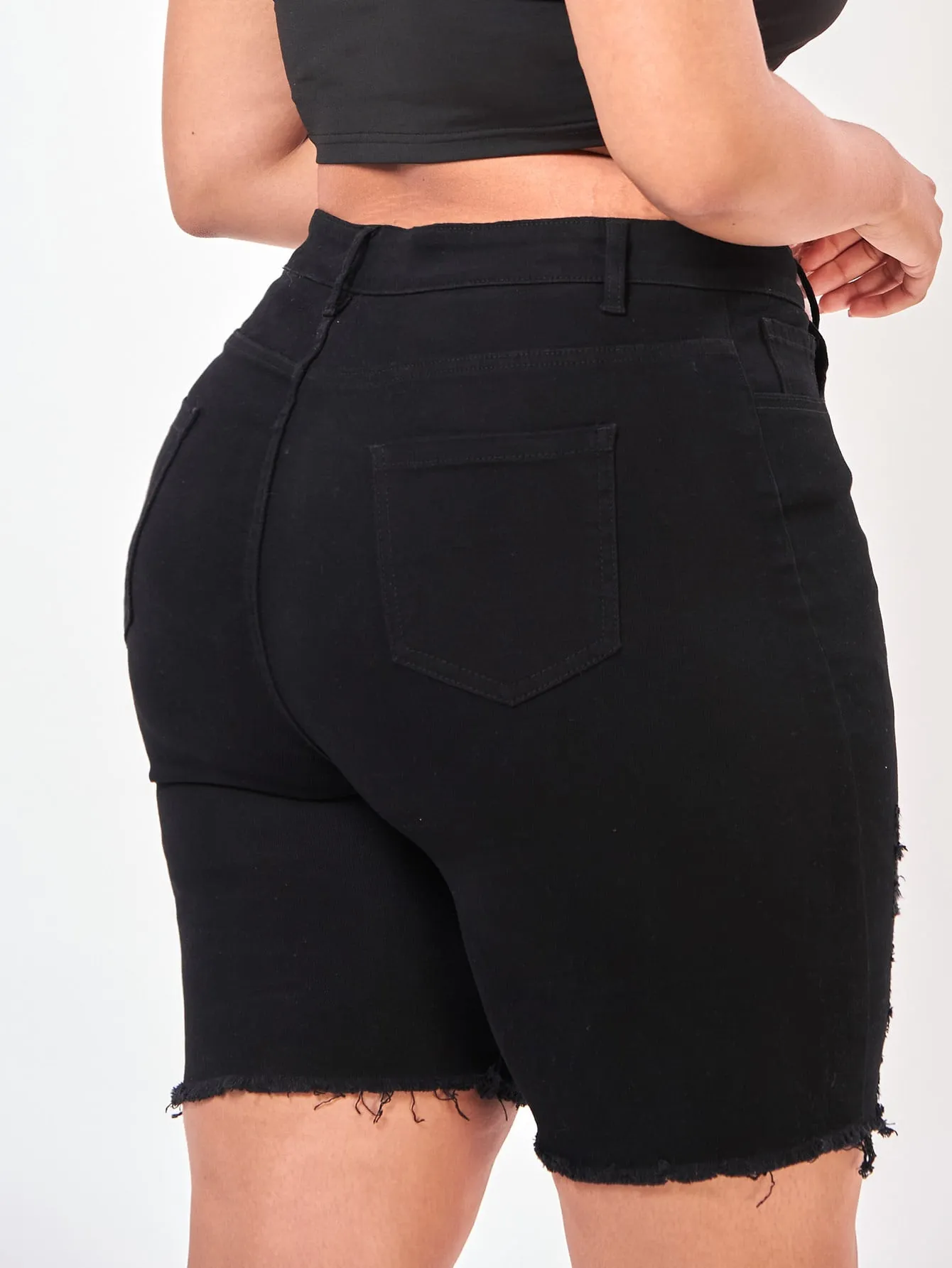 Plain Ripped High Waist Plus Size Denim Shorts
