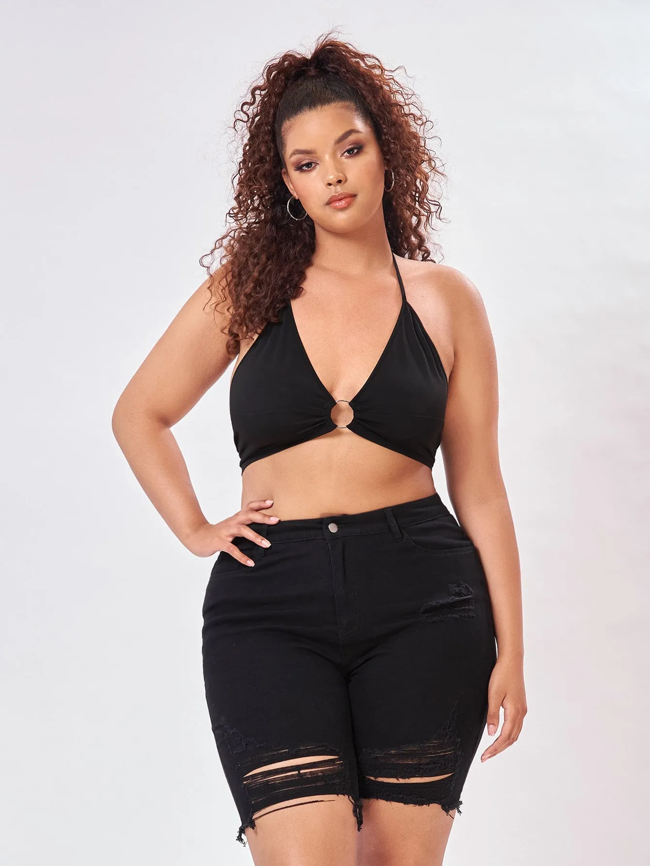 Plain Ripped High Waist Plus Size Denim Shorts