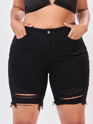 Plain Ripped High Waist Plus Size Denim Shorts